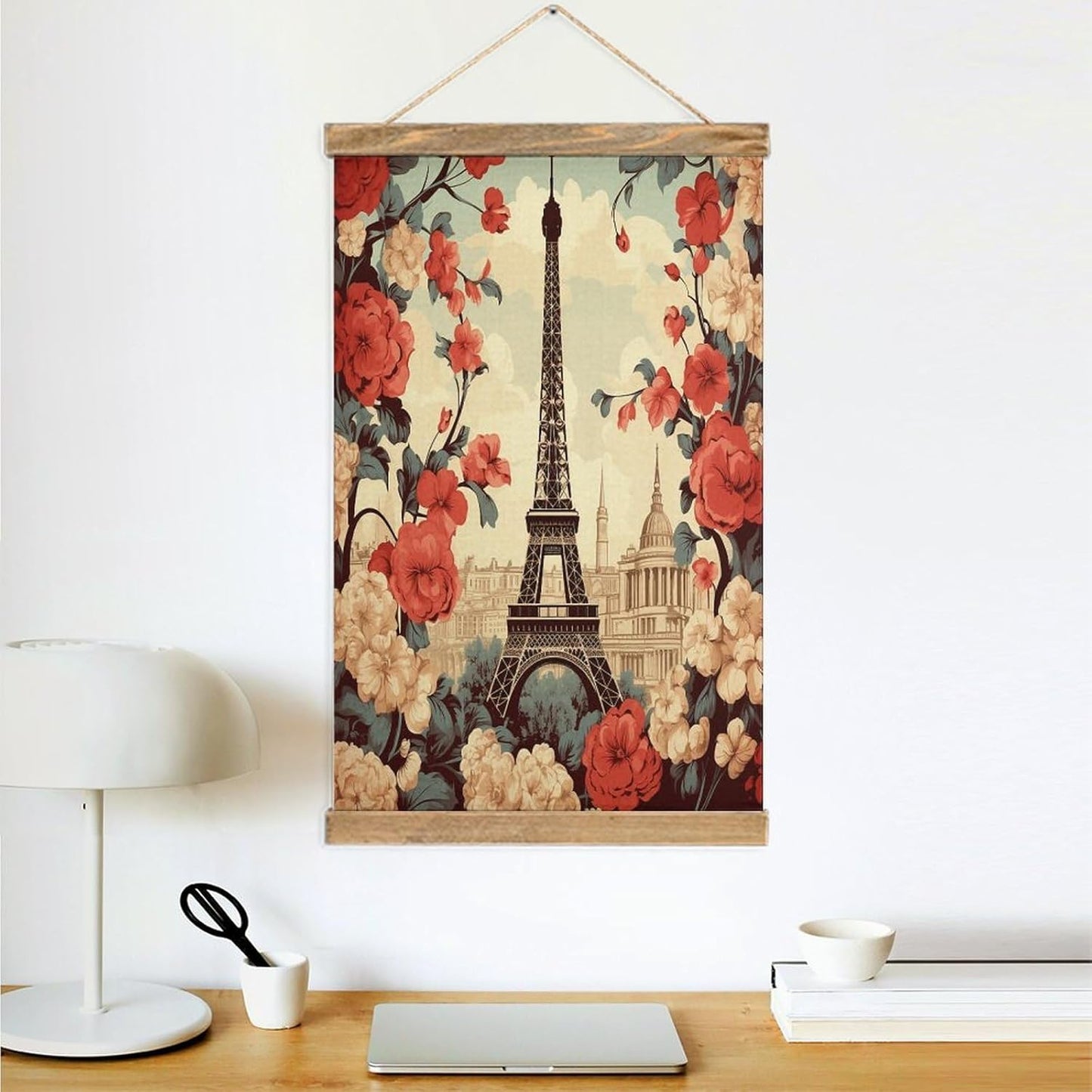Vintage Paris Vintage Floral Poster with Wooden Frame Personalized Linen Hanging Scroll Painting Rustic Wall Hanging Illustrative Modern Artwork Decor for Home Living Room Bedroom Office