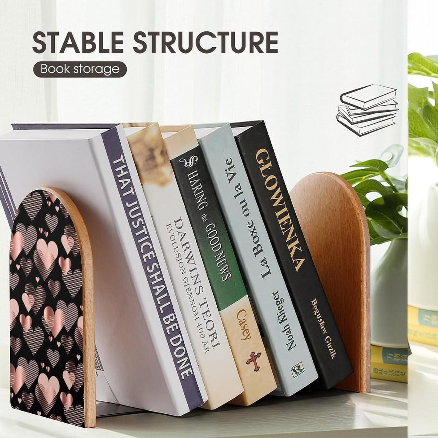 Rose Gold Love Heart Wooden Bookend Non-Slip Book Ends Heavy Duty Book Stopper with Metal Base Books Holderd Decorative Bookends Stands Firmly for Office Supplies