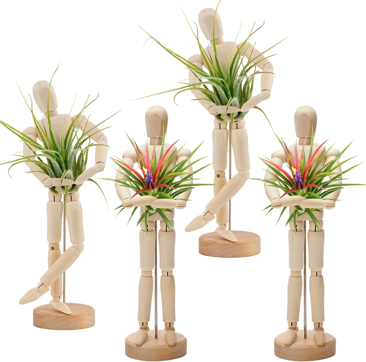 ANPHSIN 4 Pcs 8.6'' Wooden Air Plant Holder - Unique Jointed Mannequin Airplant Stand with Adjustable Poses, Tillandsia Display Container for Home Office Decoration Housewarming Gift