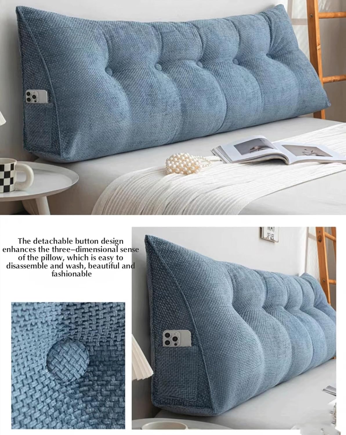 Ergonomic Backrest Pillow - Headboard Cushion for Bed, Ultimate Back Support for Sitting Up, Comfortable Bolster for Reading & Relaxing (Blue 50x50x20cm)