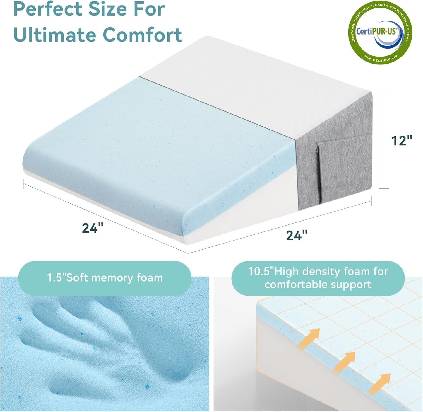 Sunny Heart 12'' Wedge Pillow for Sleeping, Soft Memory Foam Bed Wedge Pillow for Headboard, Triangle Pillow Wedge for Sleep Apnea, Acid Reflux, Back Pain Relief, Snoring and Gerd, Washable Cover
