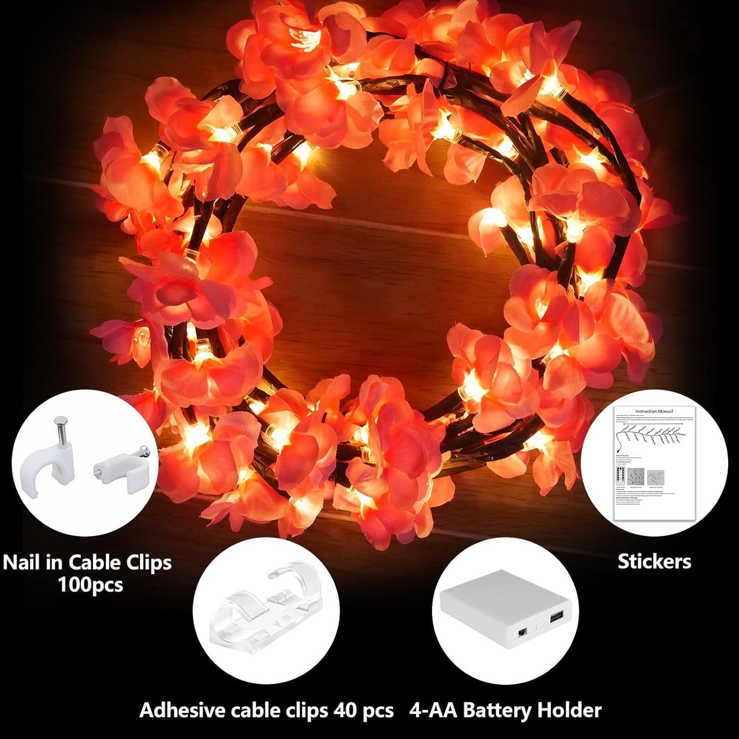 Cherry Enchanted Willow Vine Lights 7.55FT 144LED Pink Cherry Blossom Tree Branch Lights for Wall, Remote Timer,8 Light Model,Bedroom Wall Doors Wedding, Christmas, USB Battery Box