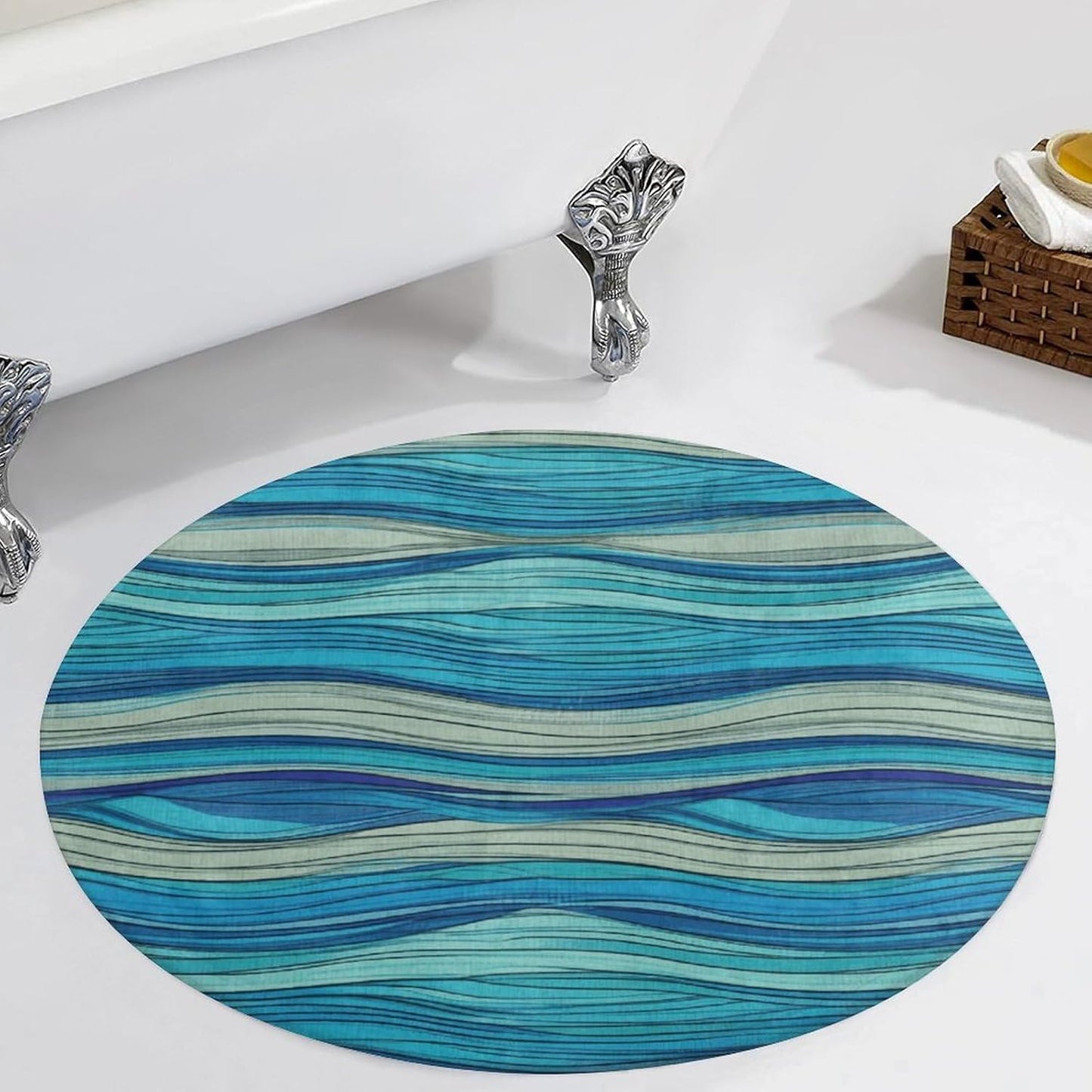 Ocean Stripe Pattern Circle Rug Retro Luxury Coral Velvet Floor Mat Non Slip Soft Indoor Floor Carpet Comfy Thickened Area Rugs Modern Aesthetic Minimalist Carpets for Home Decor