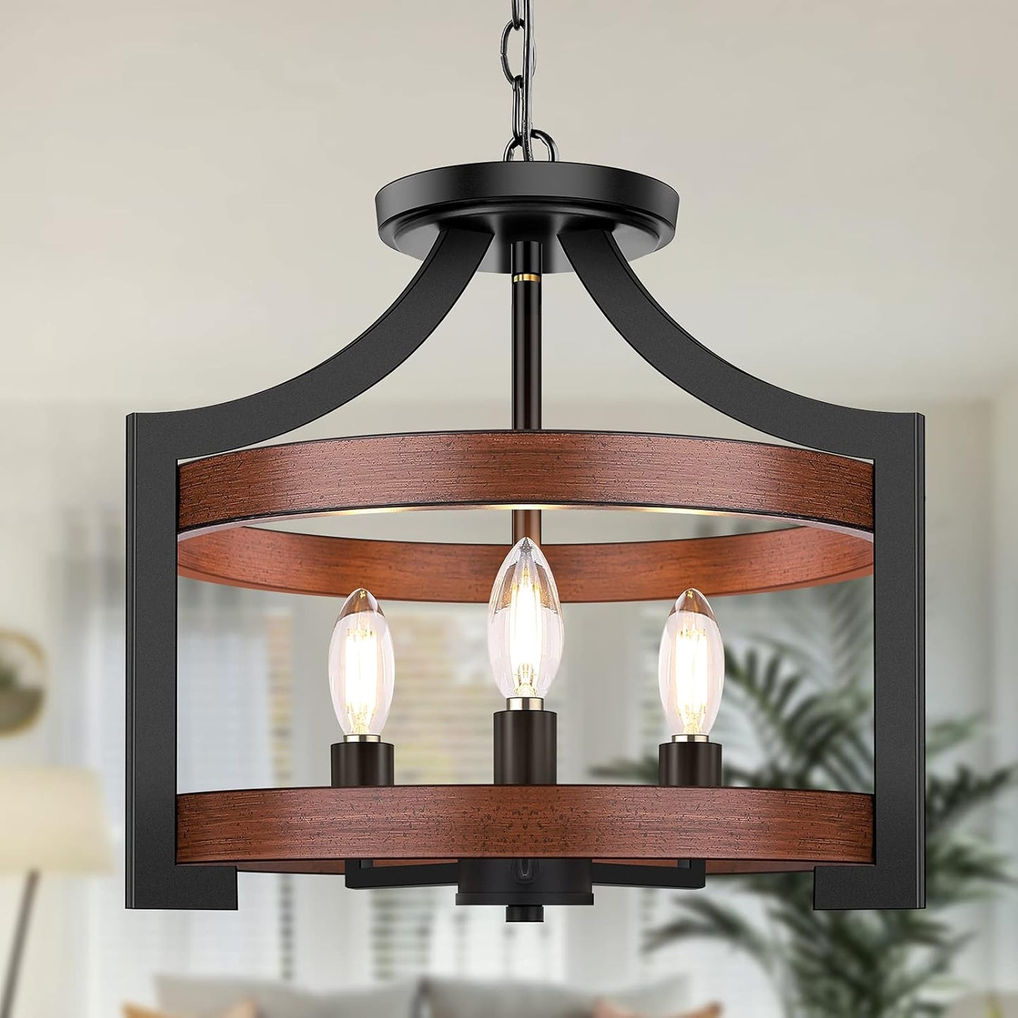 3-Light Farmhouse Chandelier, 14.5” Pendant Hanging Lighting Adjustable Height, Convertible Vintage Semi Flush Mount Ceiling Light Fixture, Rustic Chandeliers for Dining Room Foyer Entryway Kitchen