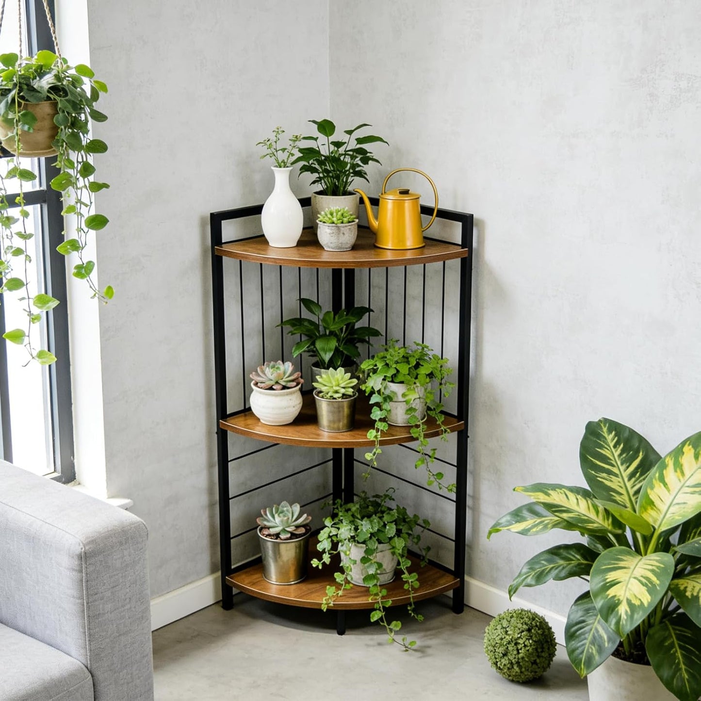 Corner Shelf 3 Tier Small Bookshelf Display Storage Stand with Metal Frame for Bathroom Bedroom Kitchen Living Room Home Office
