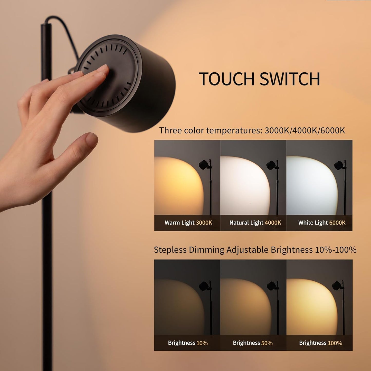 Aisilan Adjustable LED Floor Lamp with Touch Control, Dimmable 3000K-6000K Light for Living Room, Height Adjustable Pole & 350° Rotatable Head, Modern Black Standing Lamp for Bedroom Reading