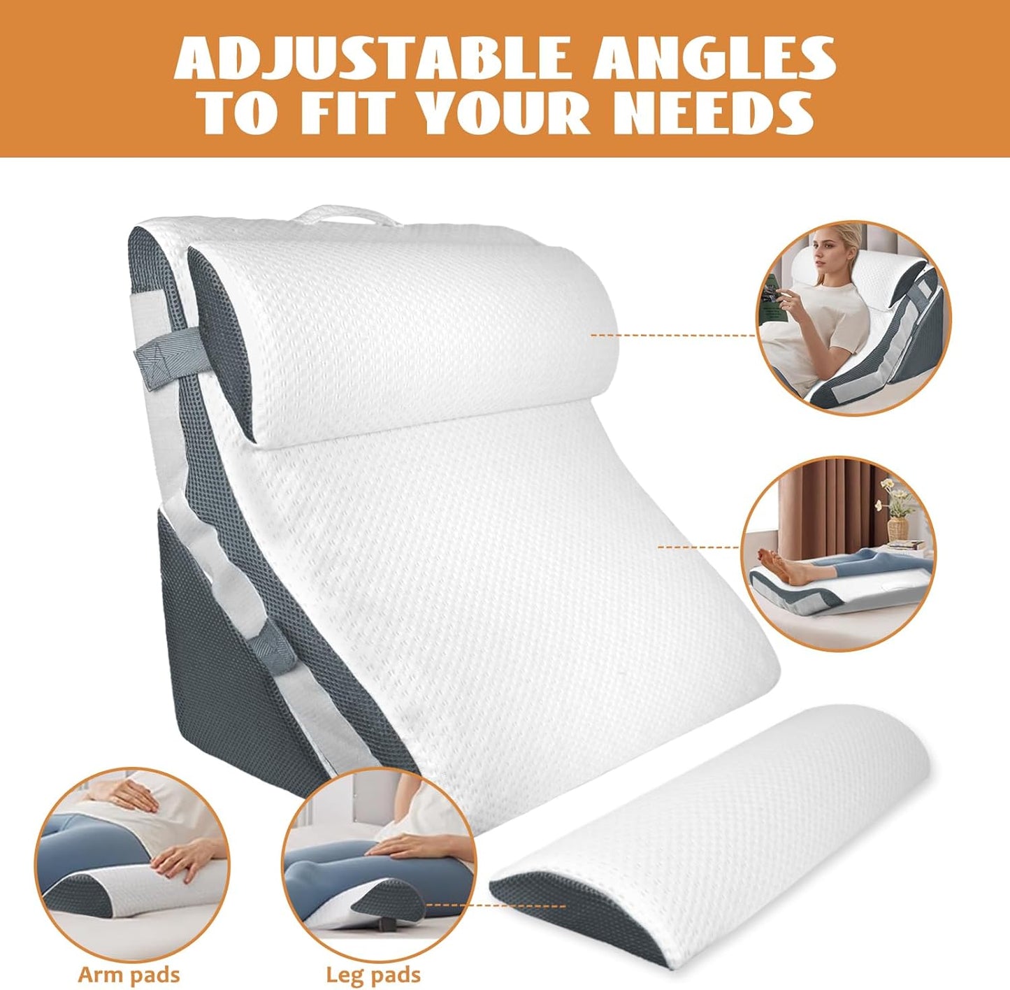 4PCS Orthopedic Bed Wedge Pillow Set, Adjustable Curve Memory Foam Wedge Pillow, Pillow Wedges for Post Surgery, Back Pain Relief, Triangle Pillows for Acid Reflux, Snoring, GERD, White/Grey