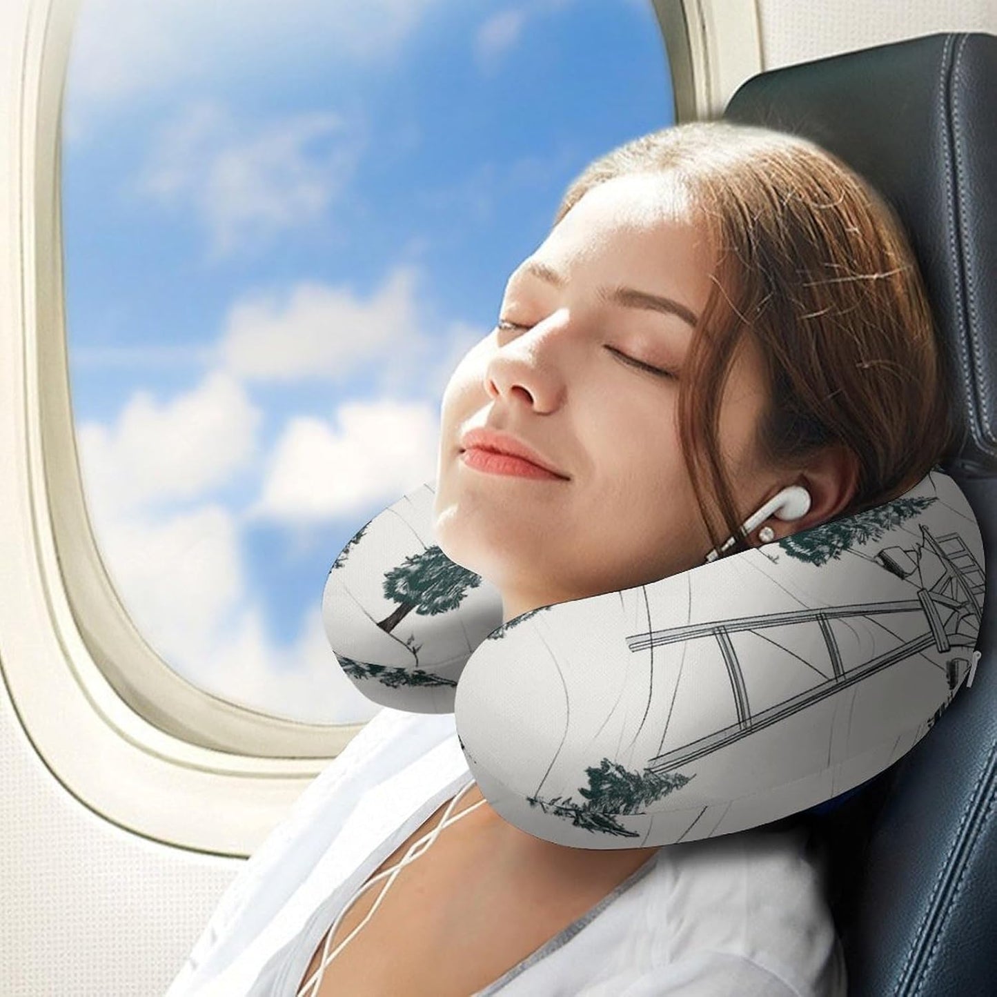 Ski Lift with Fir Tree Neck Pillow Memory Foam U Shaped Pillows Portable Pillows for Shoulder Travel Head Support Pillow with Concealed Zipper for Airplane Car Home Office