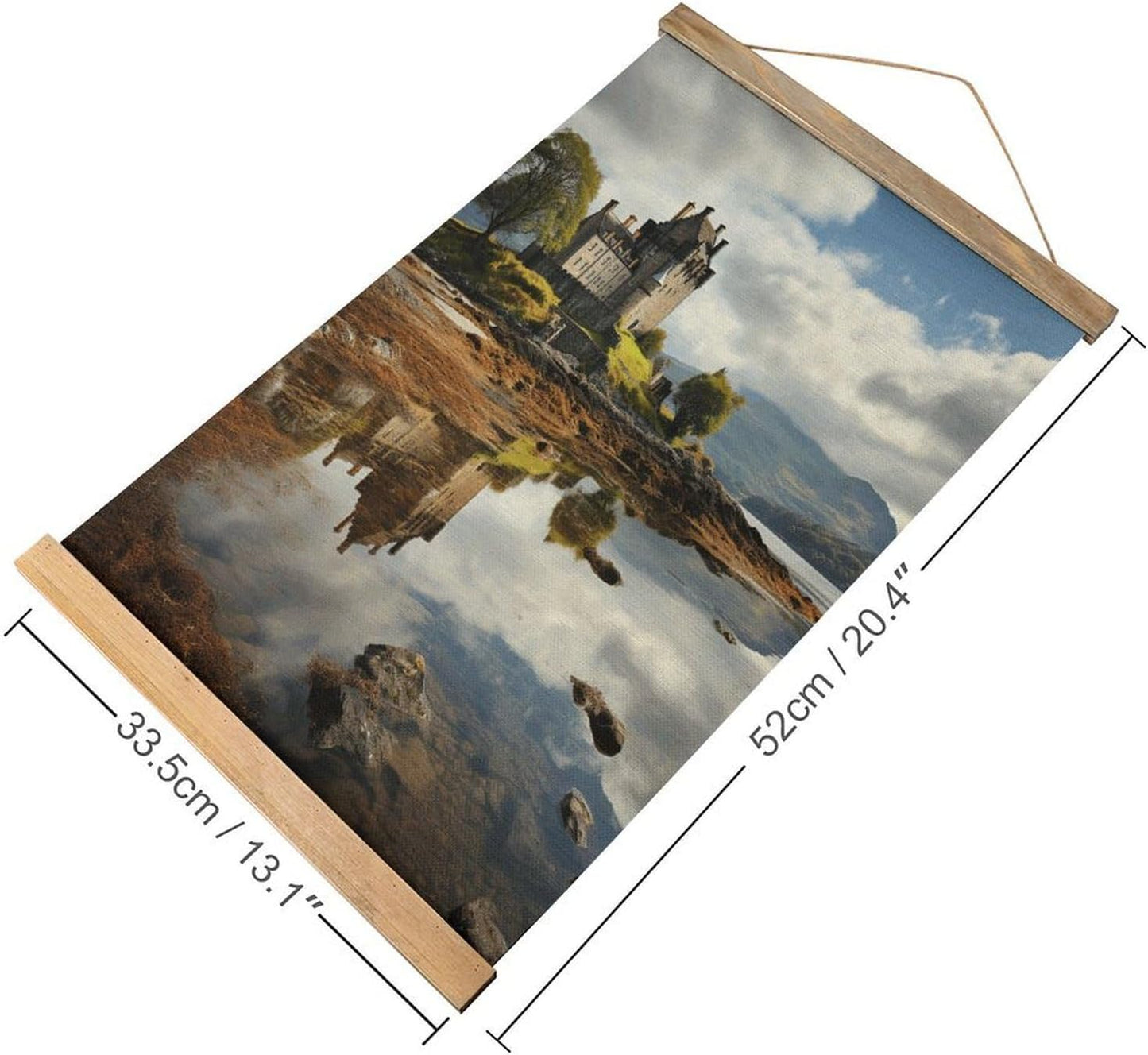 Vintage Scotland Castle Water Lake Scottish Poster with Wooden Frame Personalized Linen Hanging Scroll Painting Rustic Wall Hanging Illustrative Modern Artwork Decor for Home Living Room Bedroom Offic