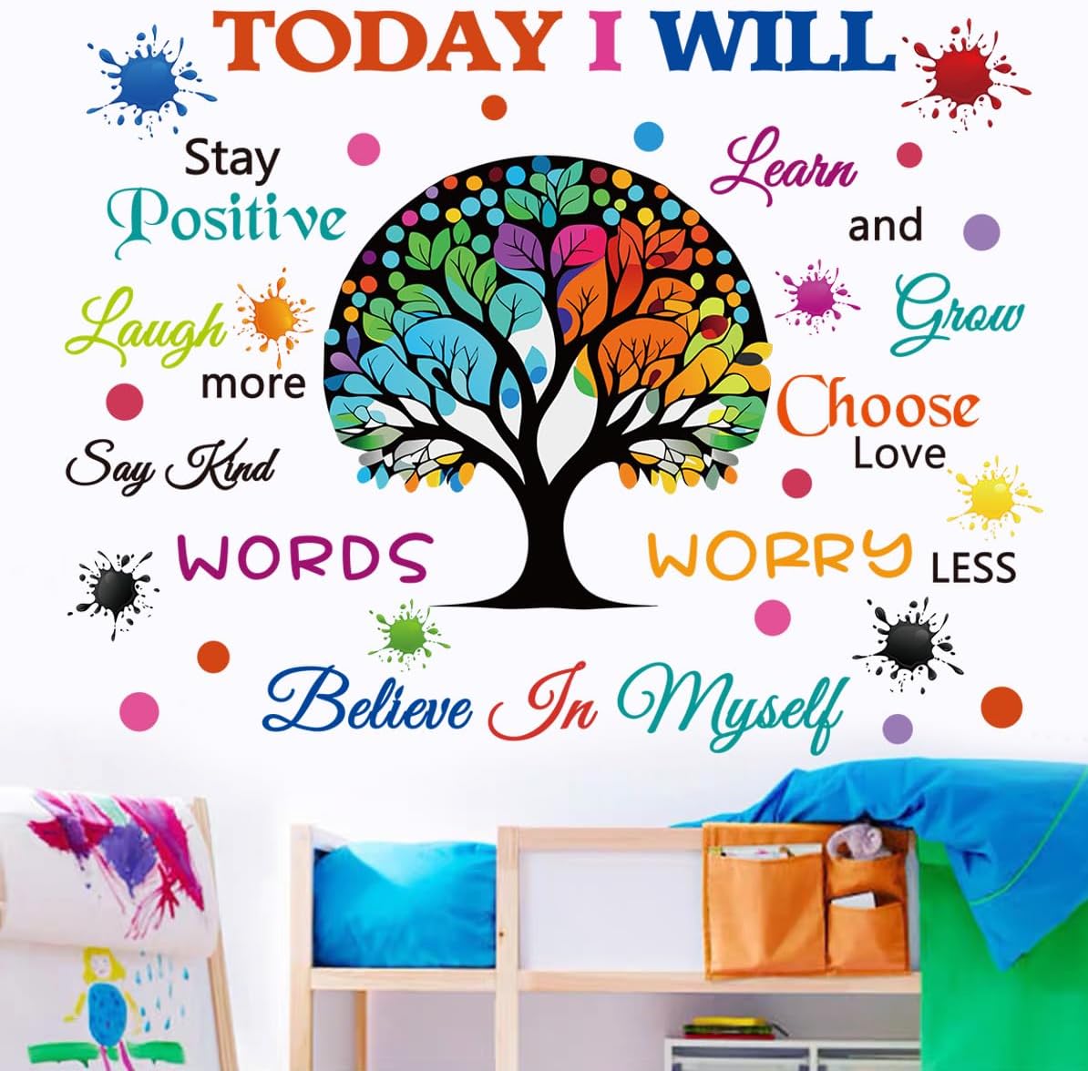 Colorful Inspirational Wall Decals Motivational Quote Today I Will Wall Stickers for Bedroom Classroom Peel and Stick Wall Decals Positive Saying Sticker (Tree Style)