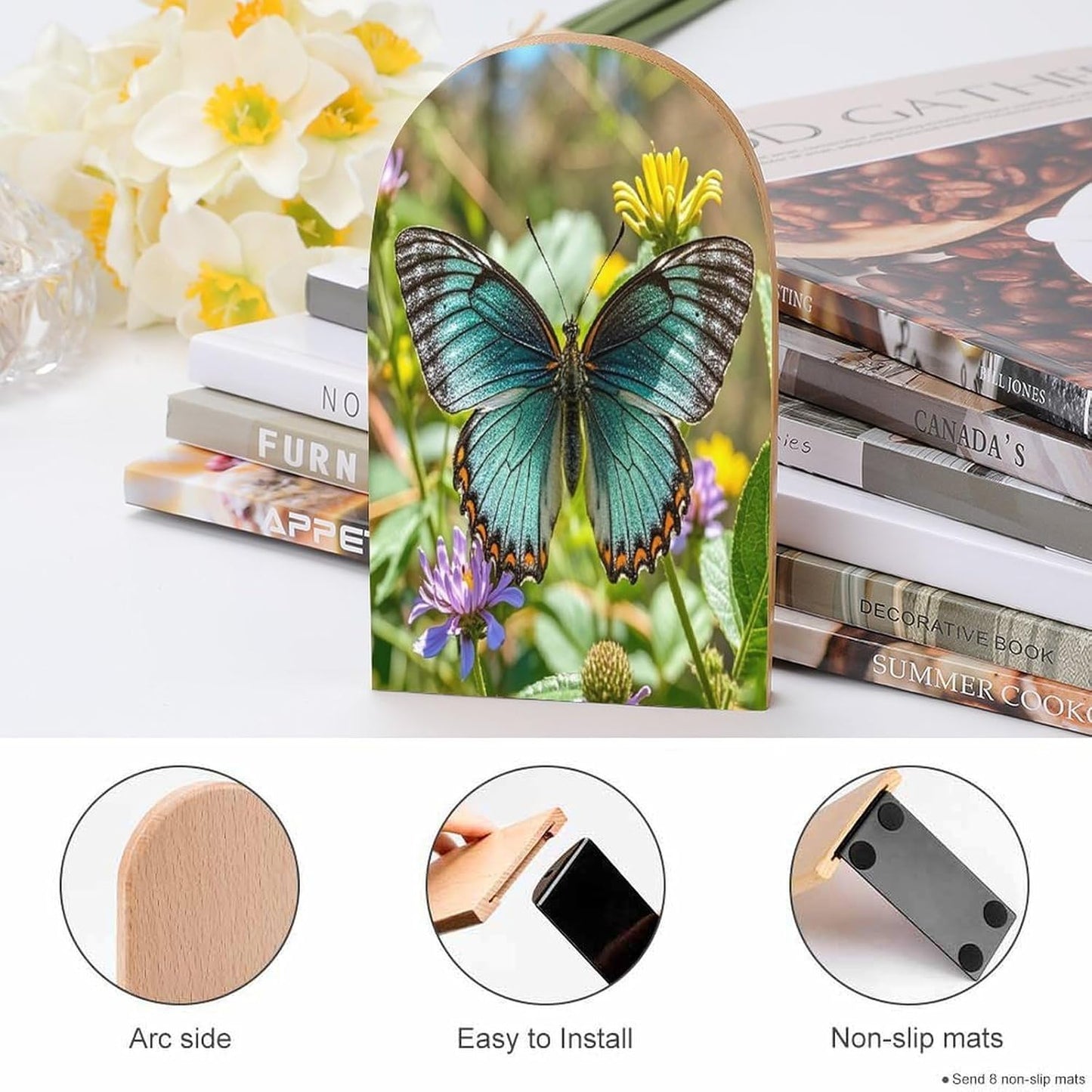 Charming Butterfly Bookends 1 Pair Heavy Duty Book Ends for Shelves Non-Skid Bookend Supports Wooden Book Holders with Metal Base Desk Organizers Books Storage to Hold Books