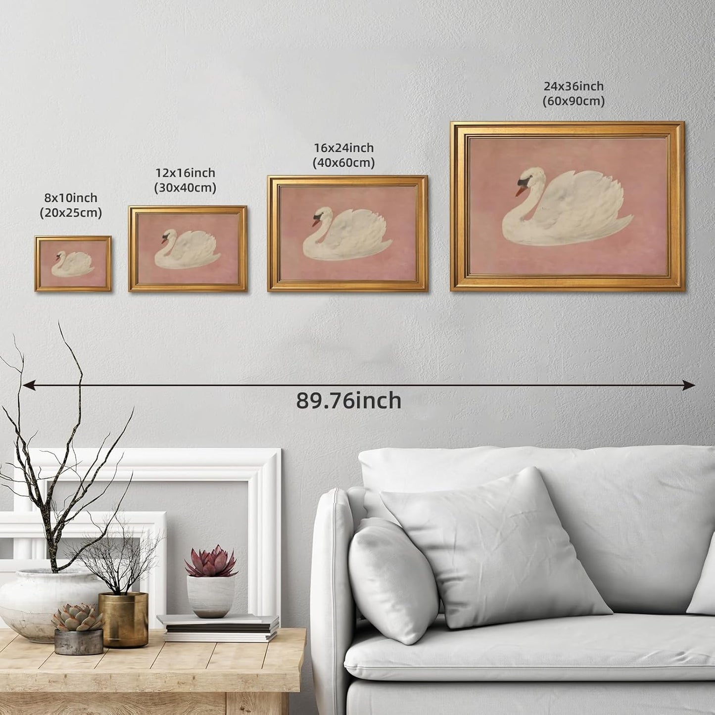 HUYKON Large Framed Wall Art Vintage White Swan Canvas Print Neutral Nature Wildlife Poster Elegant Rustic Farmhouse Animal Bird Painting Pink Wall Decor for Bedroom Living Room 24X36inch Golden Frame