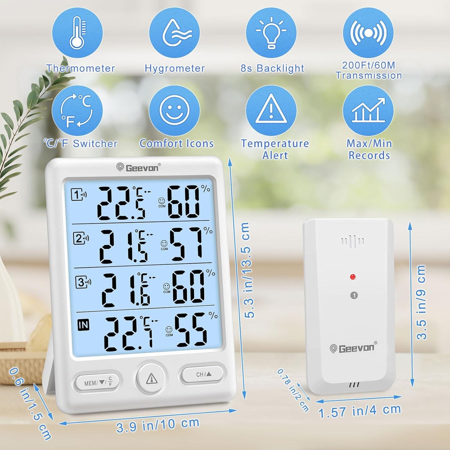 Geevon Indoor Outdoor Thermometer Wireless with 3 Remote Sensors, Digital Hygrometer Indoor Thermometer, Temperature Humidity Monitor Gauge with 200FT/60M Range (8649-WH)