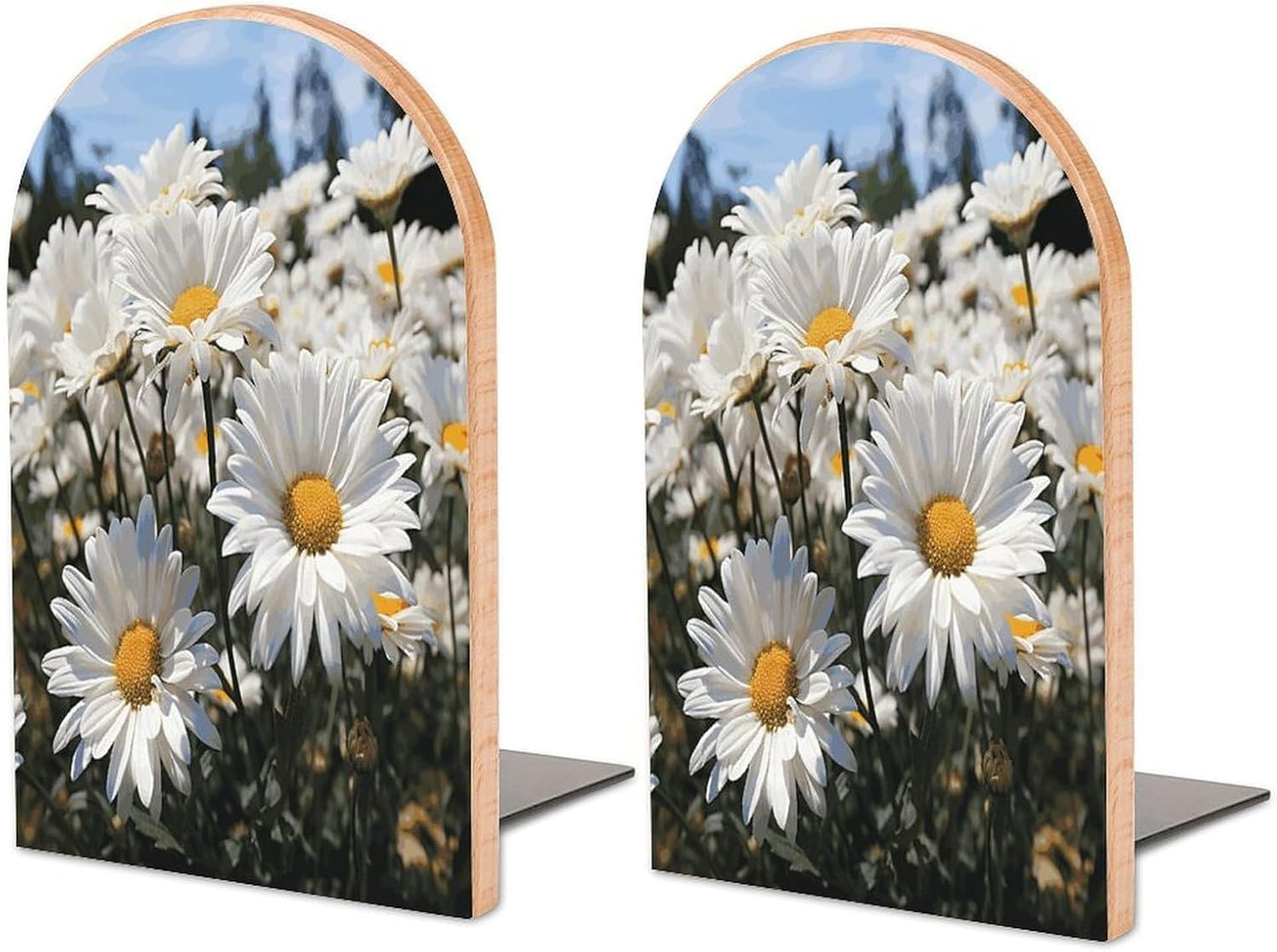Wild White Daisies Bookend for Shelves Wooden Book End Large Size Sturdy Book Holders Stoppers with Metal Base for Bookshelves Slick Decorative Bookends Stands