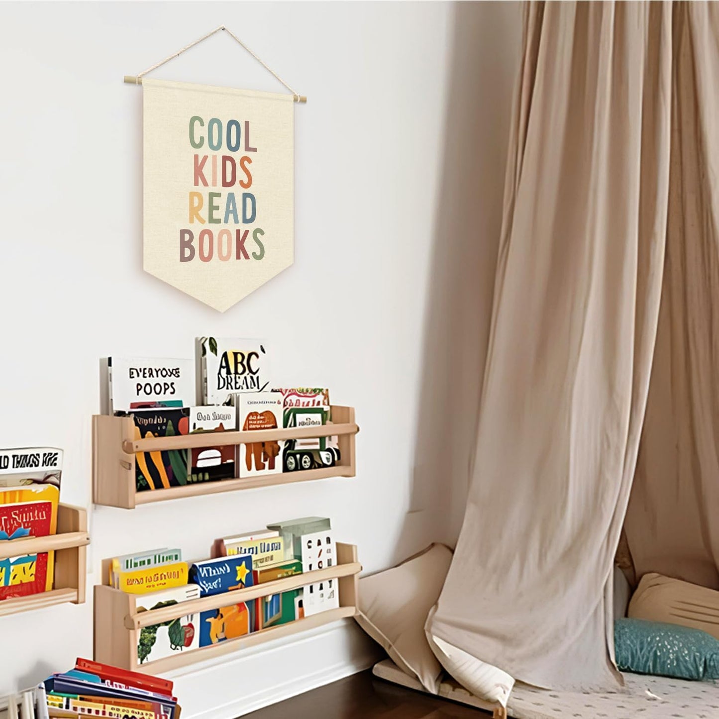 Cool Kids Read Books Reading Room Decor - Boho Rainbow Canvas Banner Flag Decor for Kids Nursery Toddler Reading Corner Nook Classroom Library, Wall Hanging Pennant Flag Banner 15x11in