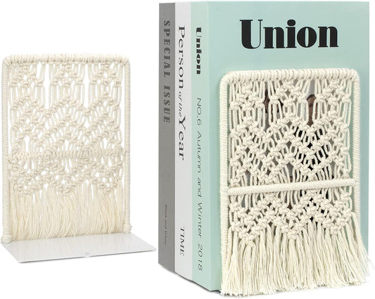 AELS Boho Macrame Bookends, Heavy Duty Metal Book Ends, Decorative Unique Bookend Supports for Shelves, Stopper for Books/Movies/CD, Farmhouse Decoration,Thanksgiving for Friends