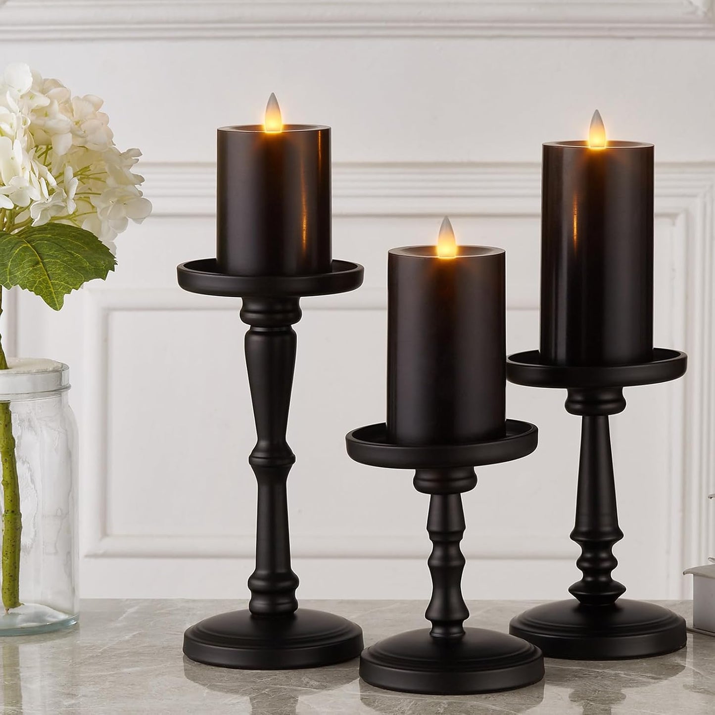 Flameless Pillar Candles Flickering with Remote Timer, Battery Operated LED Candles Up to 400 Hours, 3D Moving Flame Real Wax Candles. (Black)