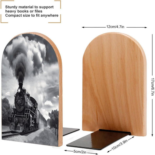 Steam Train Clouds Bookend for Shelves Wooden Book End Large Size Sturdy Book Holders Stoppers with Metal Base for Bookshelves Slick Decorative Bookends Stands