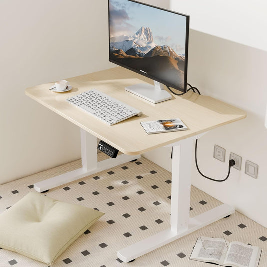ERGOMAKER Low Height Adjustable Desk with Lockable Wheels, Lifts 18.9"-29.5", 31.5" x 23.6" Electric Small Standing Desk with Splice Board for Home Office & Short People(White Frame, Gold Oak Desktop)