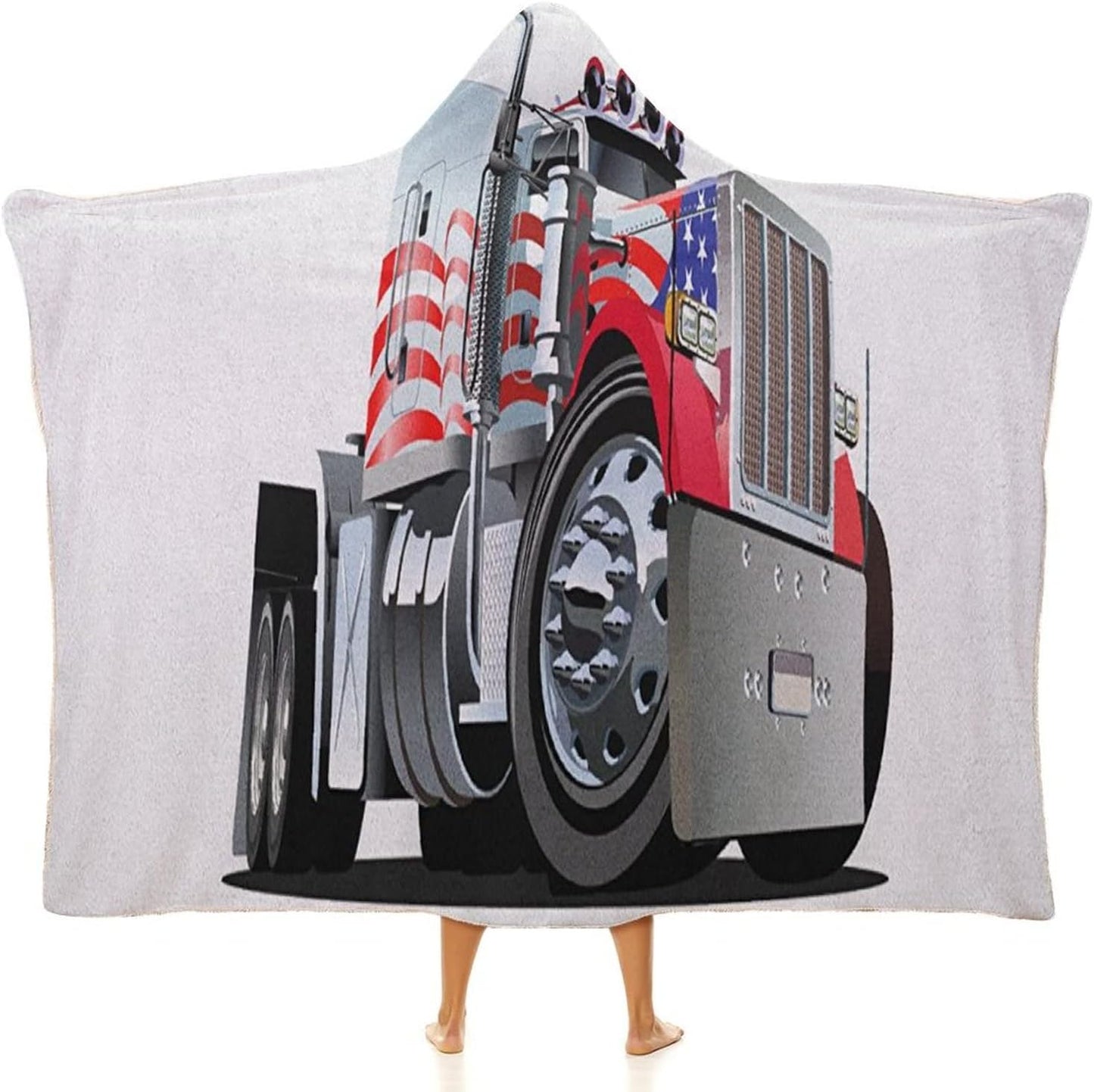 Throw Blankets, Truck Women Men Hooded Blanket, American Flag Themed Semi 18 Wheeler Transportation, Soft Warm Cozy, 60 x 80inches, Studying Reading Snuggling Napping Office, Red White Blue