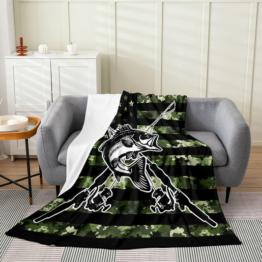 Feelyou Fishing Fleece Throw Blanket Camo Flannel Blanket Plush Fuzzy Vintage Rustic Hunting for Bed Couch Chair Living Room Cabin Twin 60"x80" Farmhouse Bedroom Decor