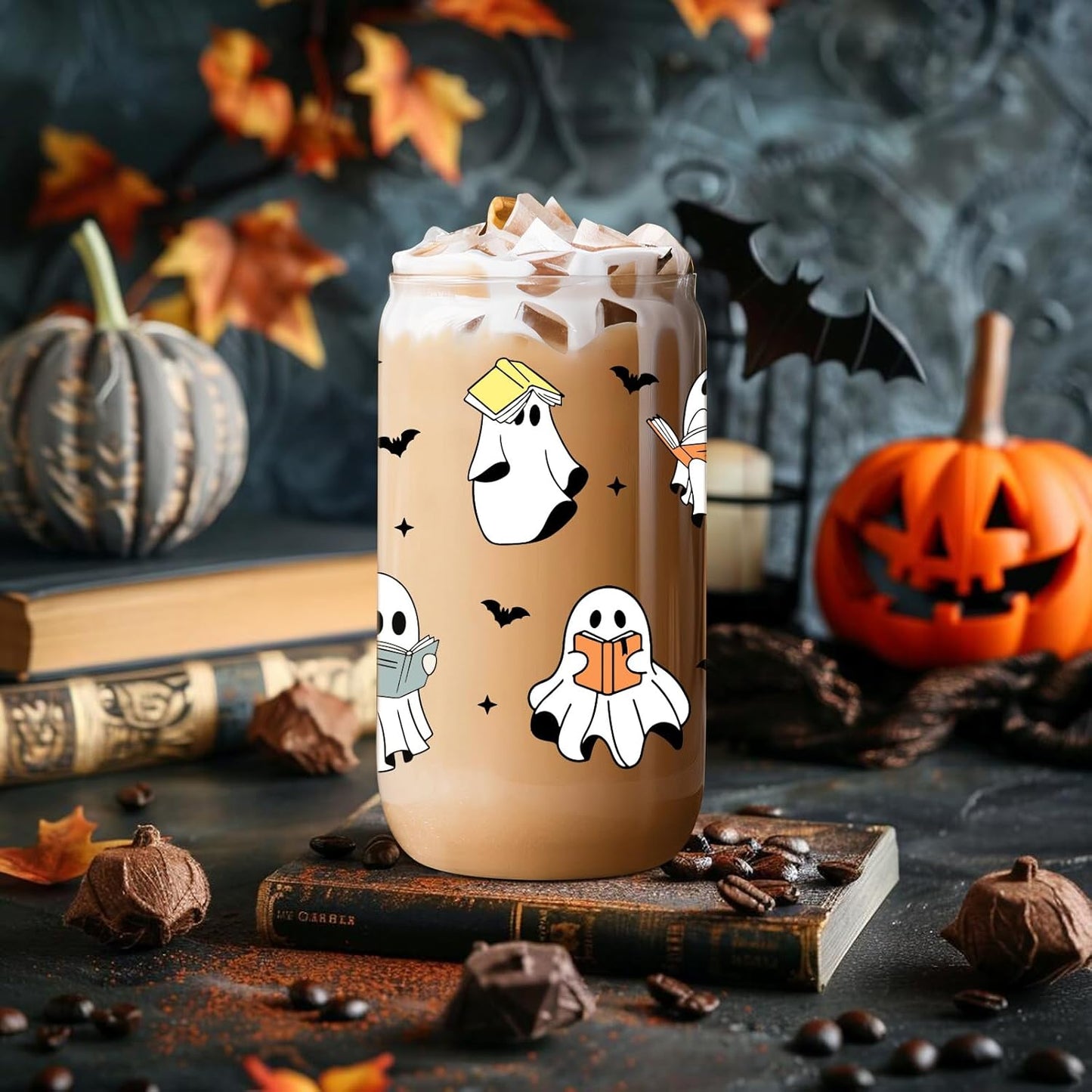 Fairy's Gift Ghost Reader Halloween Cup, Cute Spooky Gifts for Book Lovers, 16 oz Iced Coffee Tumbler Cup w/Lid Straw, Book Themed Bookworm Bookish Reading Halloween Gifts for Women Librarian Reader