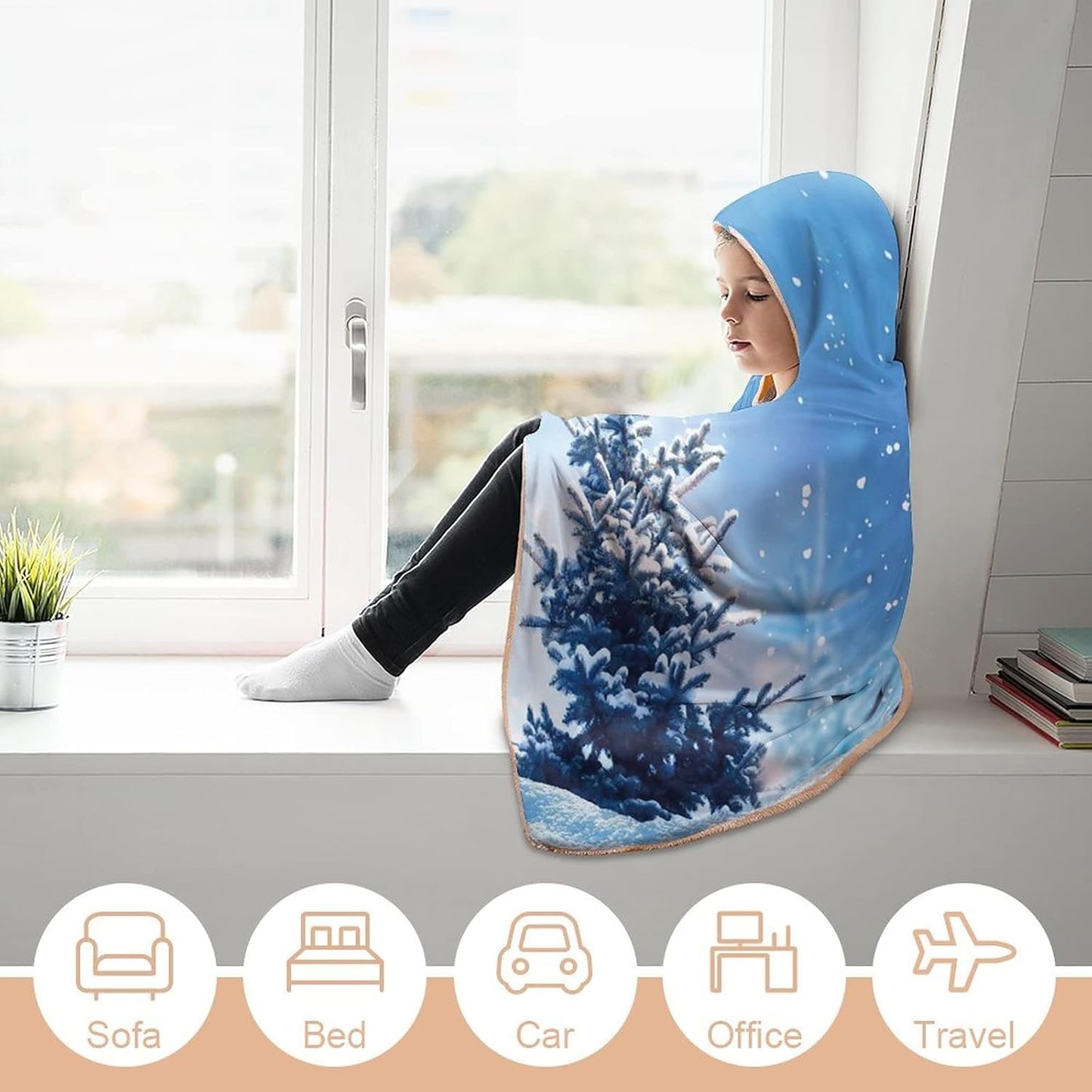 Throw Blankets, Winter Women Men Hooded Blanket, Artistic Rendition of Snowy Season of Year Fro Pine, Soft Warm Cozy, 40 x 50inches, Studying Reading Snuggling Napping Office, Multicolor