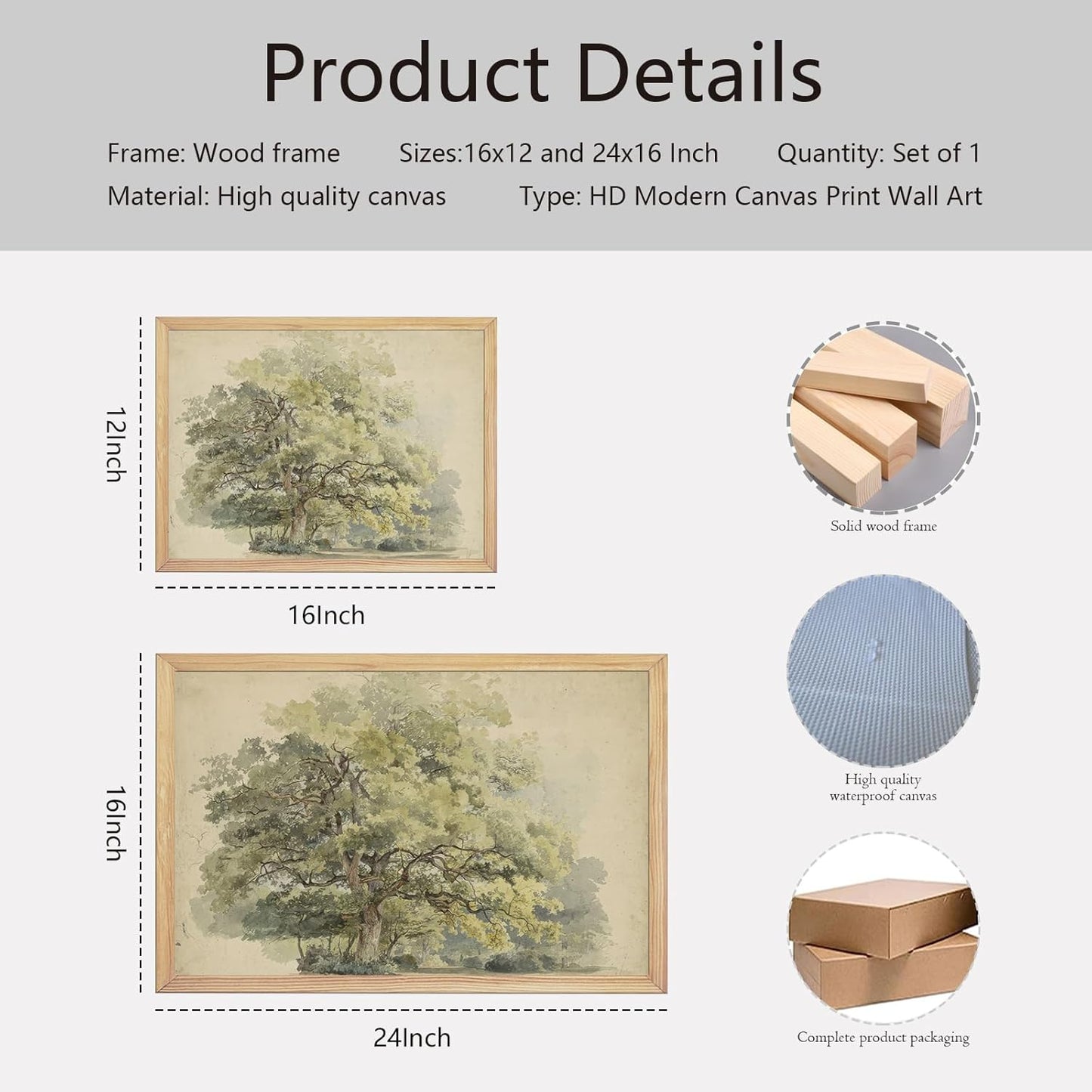 Watercolor Oak Tree Wall Art 16x24Inchs - Green Nature Landscape Painting Print with Light Wood Frame, Rustic Farmhouse Home Decor for Living Room Bedroom Office, Framed Canvas Picture Poster