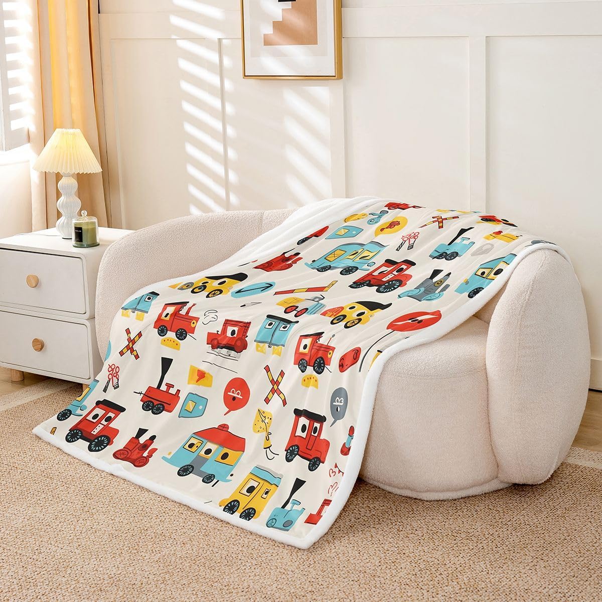 Feelyou Cute Train Car Sherpa Throw Blanket for Couch Cartoon Car Super Soft Cozy Fleece Blanket for Winter, Plush Throw Throw 50"x60" All Season