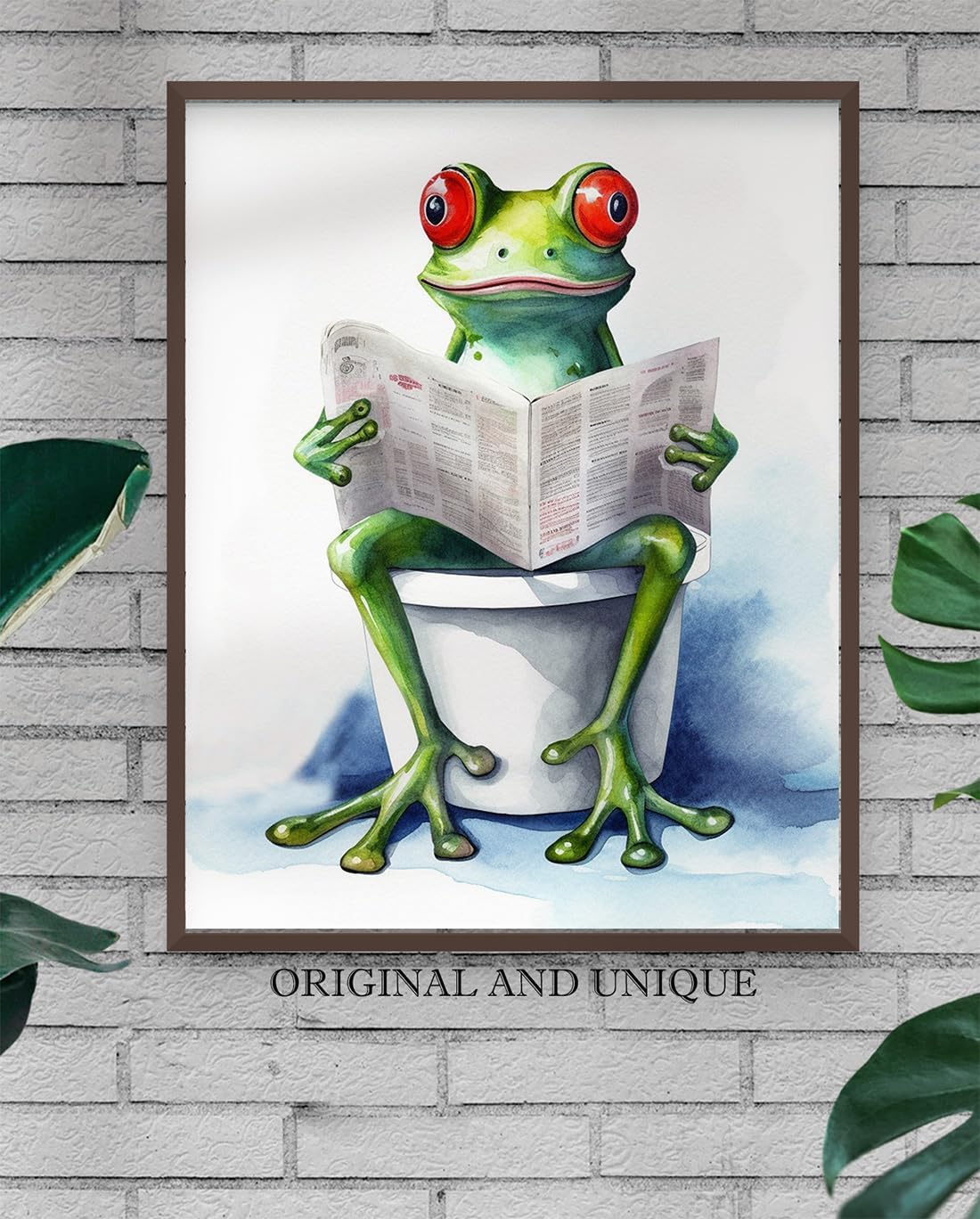 Funny Frog Sitting on the Toilet Reading a Newspaper 11x14 Unframed Wall Art Print - Cute Unique Christmas Birthday Mothers Day Cheerful Animal Print Gift Idea for Mom and Fun Humor Bathroom Decor
