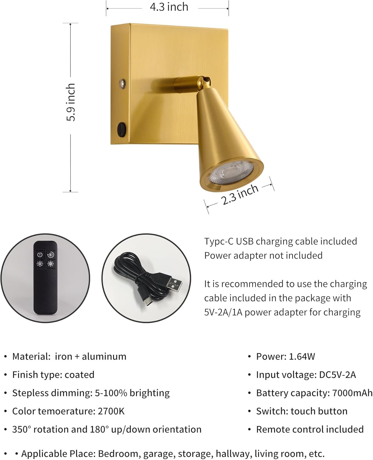 Battery Operated Wall Sconce Set of Two, Wall Lamp with Remote, 7000mAh Dimmable Magnetic 350° Swivel Cordless Rechargeable Wall Lights for RV Bedside Hallway Gallery Wall Decort - Gold