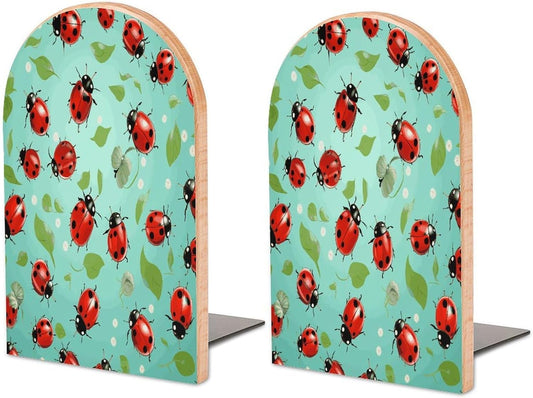 Red Ladybugs On A Blue Background Wooden Bookend Non-Slip Book Ends Heavy Duty Book Stopper with Metal Base Books Holderd Decorative Bookends Stands Firmly for Office Supplies
