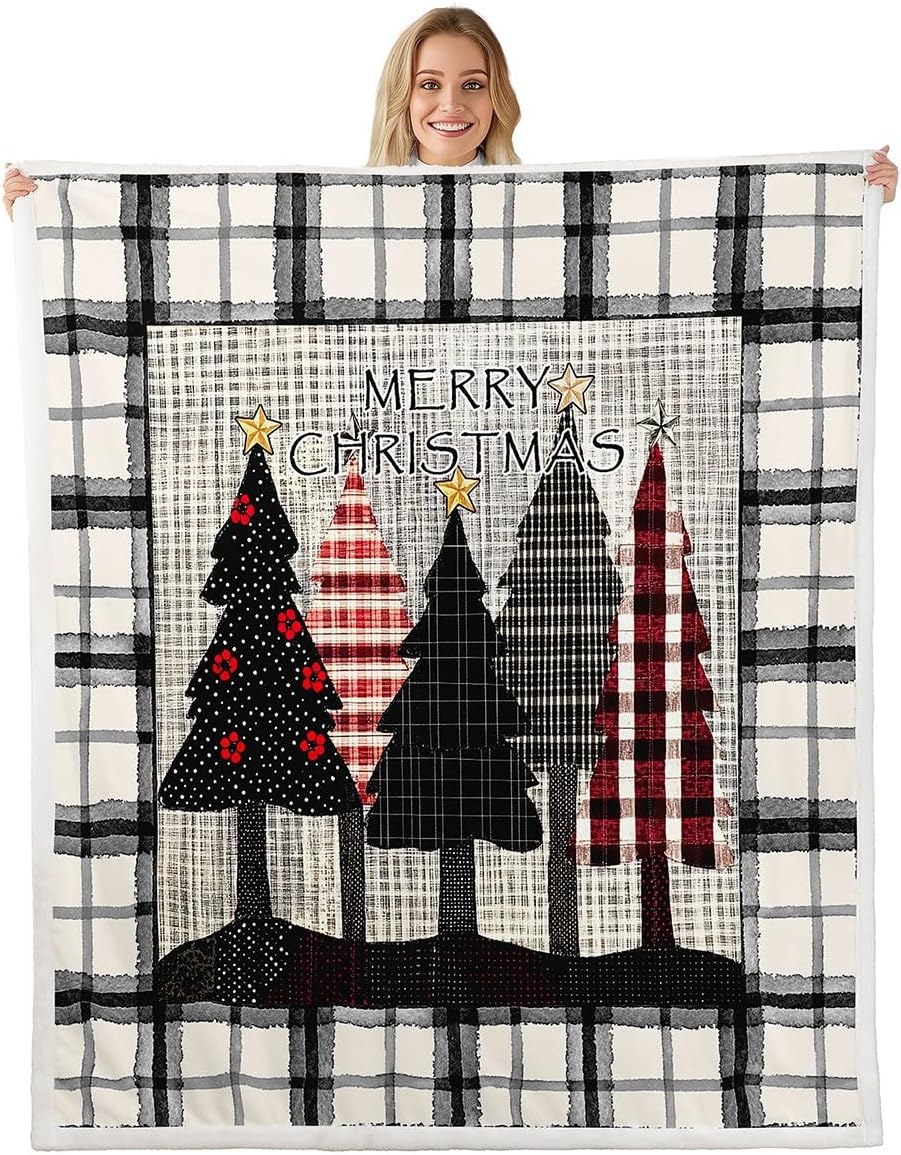 Feelyou Christmas Sherpa Blanket Queen 90"x90" Christmas Tree Fleece Throw Blanket for Bed Sofa Couch Silver Grey