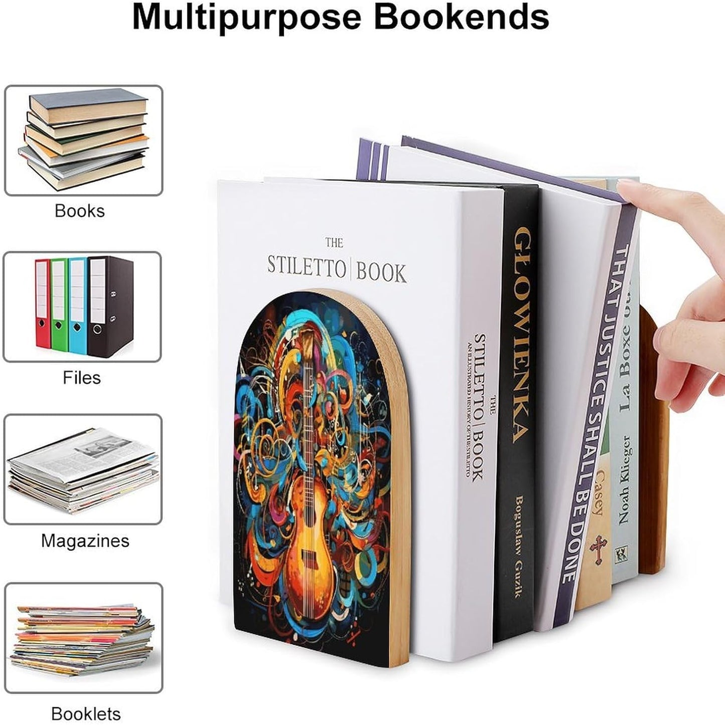 Music Series Bookend for Shelves Wooden Book End Large Size Sturdy Book Holders Stoppers with Metal Base for Bookshelves Slick Decorative Bookends Stands