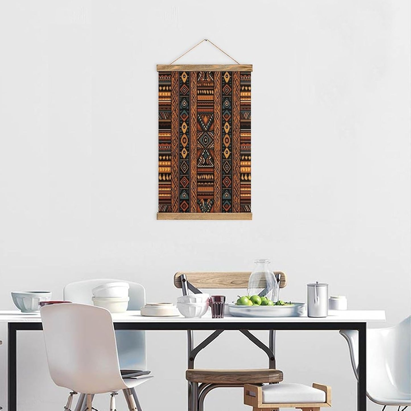 Vintage Traditional African Design Pattern Poster with Wooden Frame Personalized Linen Hanging Scroll Painting Rustic Wall Hanging Illustrative Modern Artwork Decor for Home Living Room Bedroom Office