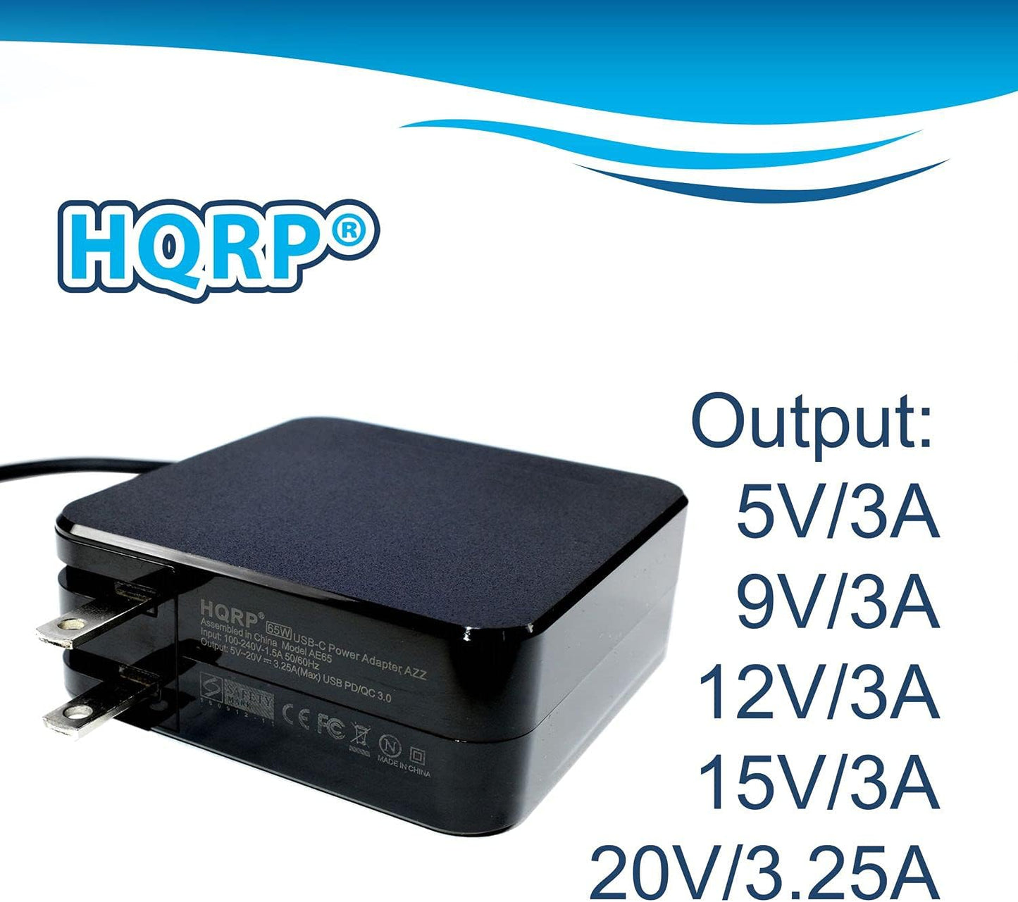 HQRP USB-C AC Adapter Compact Portable Fast Charger PD/QC 3.0 Type-C USB Power Supply Cord Black Cable (15W 27W 45W 65W 5V 9V 12V 15V 20V 3A 3.25A) Plus HQRP Euro Plug Adapter
