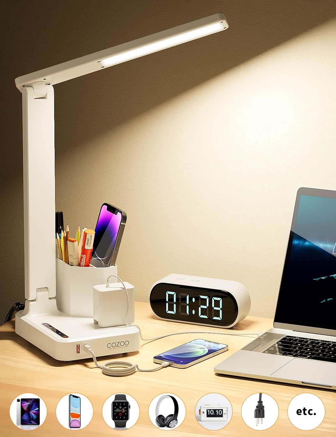 COZOO LED Desk Lamp with 2 USB Charging Ports,Type C Port,1 AC Outlet,2 Pen Holders,3 Color Temperature 3 Brightness Level,Touch/Memory/Timer,10W Eye Protection Foldable Reading Light,Study Lamp-White