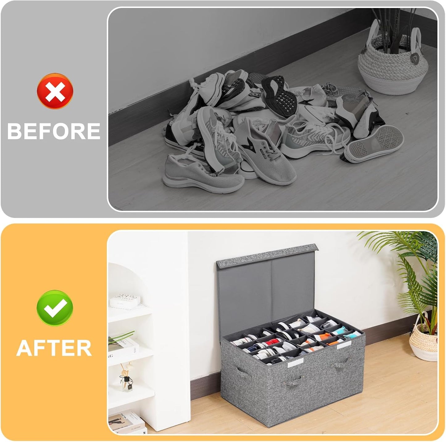 Shoe Storage Organizer for Closet Fits 20 Pairs, Large Shoe Storage Box Bins Containers with Lid and Adjustable Dividers for Shoes, Sneakers and High Heeled, Hard Shell and Stackable (Grey)