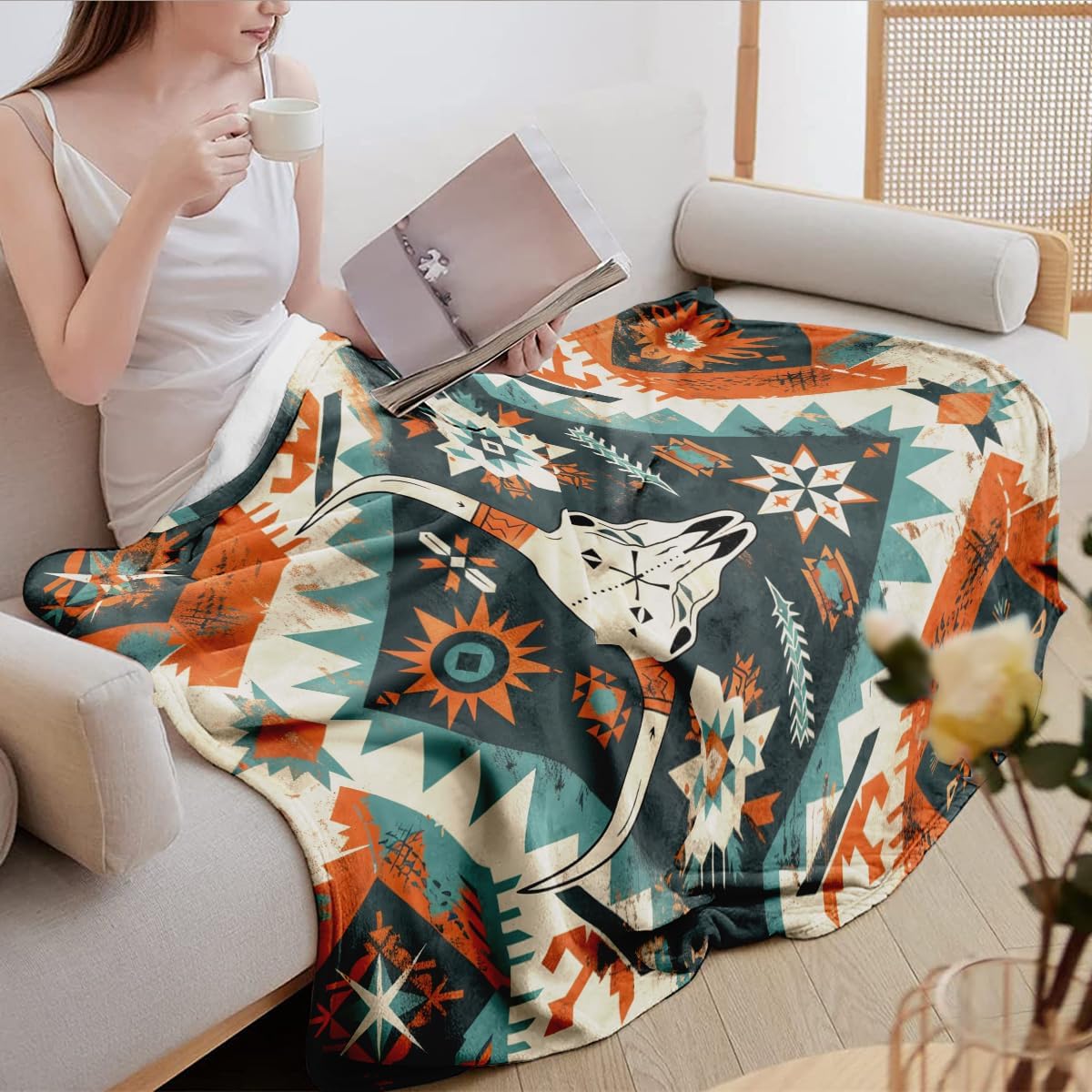 Southwestern Tribal Throw Blanket, Bull Skull Aztec Soft Fleece Blanket for Naps, Outdoor, Travel, Office, Gift (50 x 60 inch)