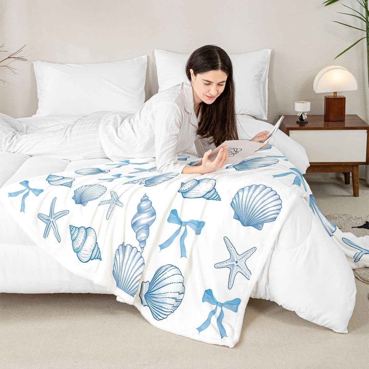 Feelyou Starfish Shell Sherpa Throw Blanket for Couch Coastal Sealife Super Soft Cozy Fleece Nautical Beach Blanket for Winter, Plush Throw Summer Ocean Baby 30"x40" All Season