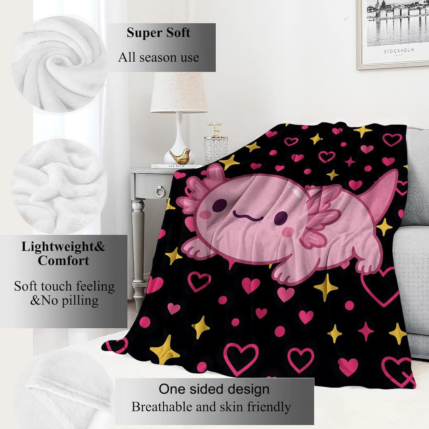 Cute Axolotl Blanket,60x80in,Pink Animal with Heart and Star on Black Background Throw Blankets,Gifts for Kids Girls Women, Lightweight Soft Fleece Cozy,for Sofa Couch Bed Room Travel Decor