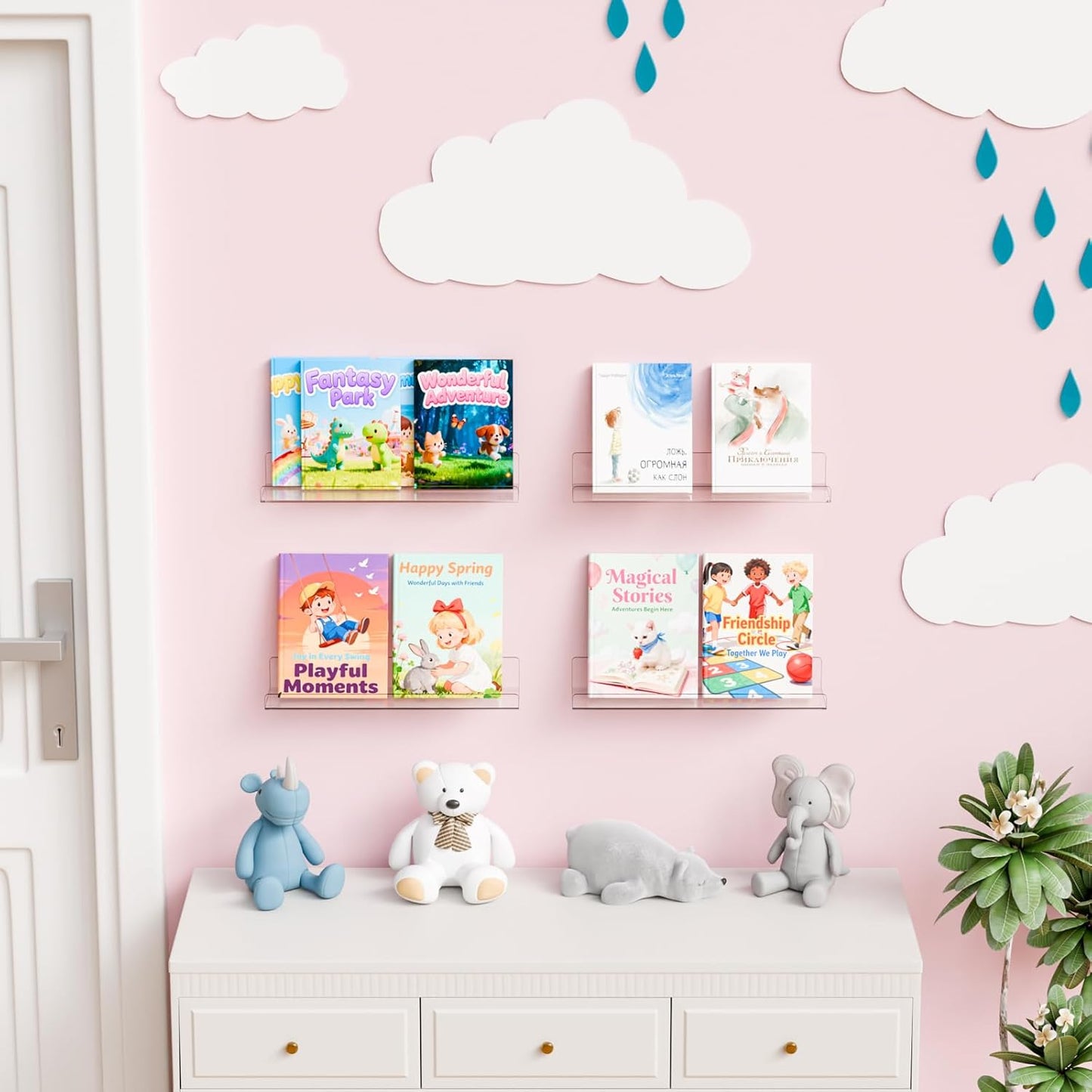 Yieach 4 Pack 15" Acrylic Shelves for Wall,Bathroom,Bedroom - with Adhesive - No Drilling Clear Floating Shelves for Funko Pop,Lego,Action Figures,Nail Polish,Perfume Shelf and Wall Storage & Display