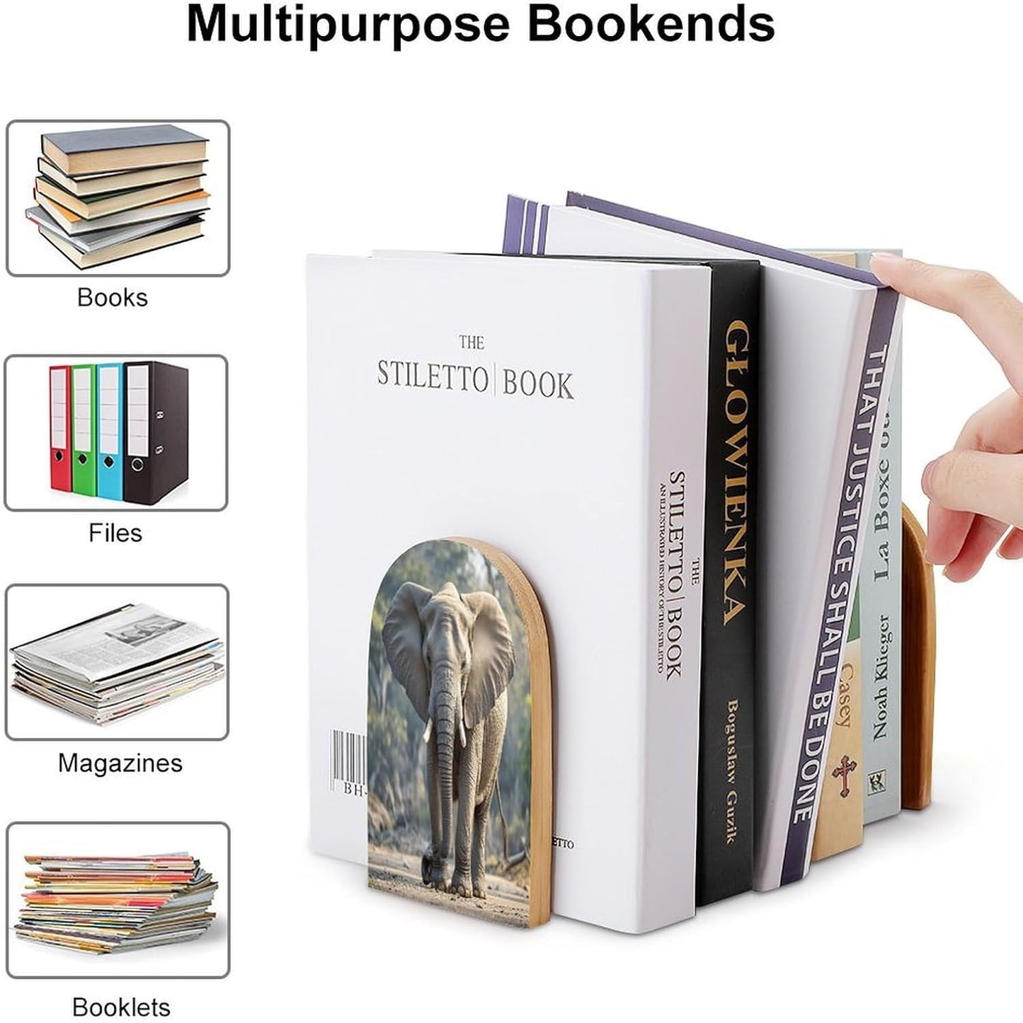 Elephant Bookends 1 Pair Heavy Duty Book Ends for Shelves Non-Skid Bookend Supports Wooden Book Holders with Metal Base Desk Organizers Books Storage to Hold Books