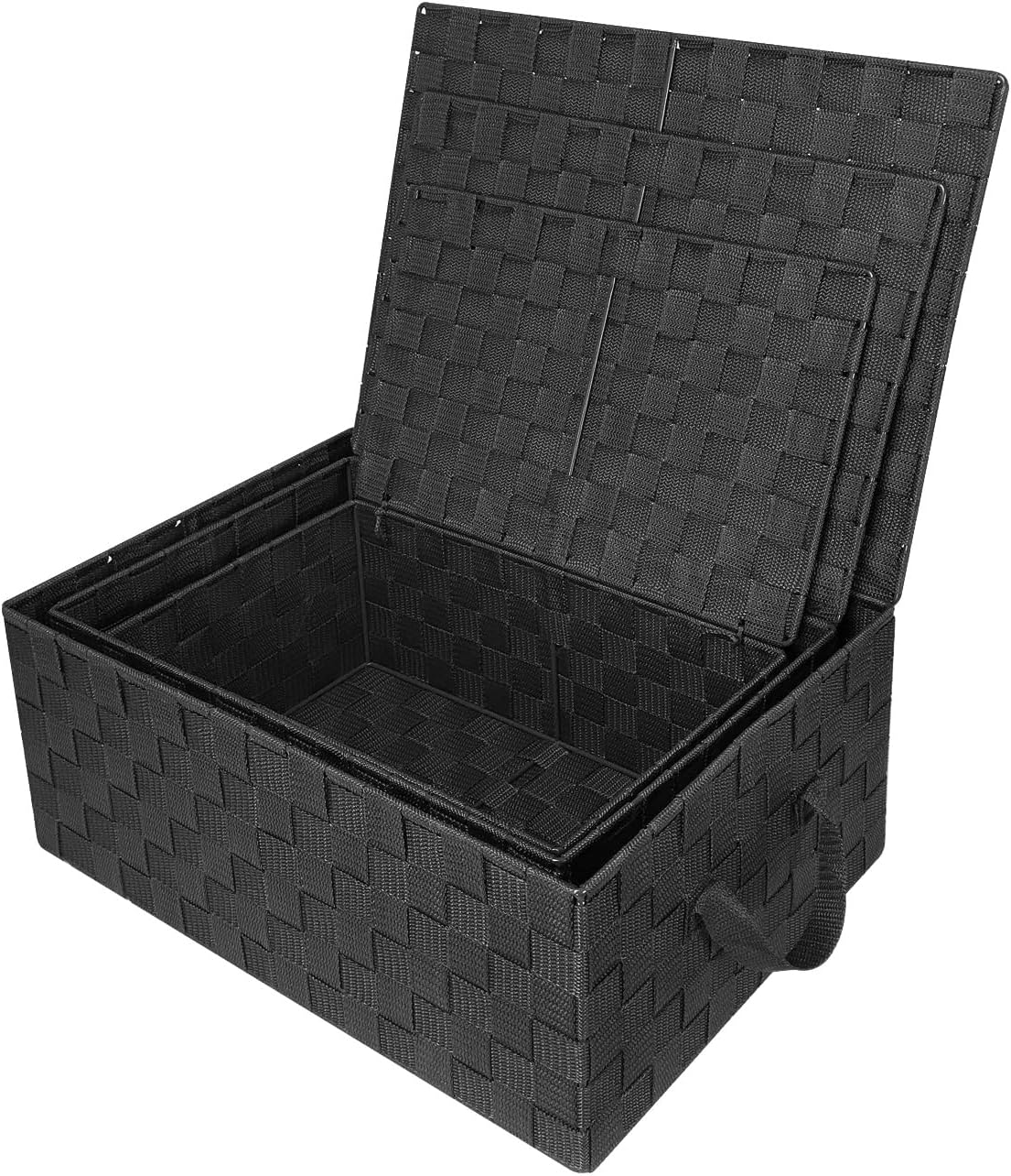 Sorbus Set of 3 Hand-Woven Storage Baskets with Lids – Mesh Design Organizers for Closet, Shelves, and Home Storage (Black)