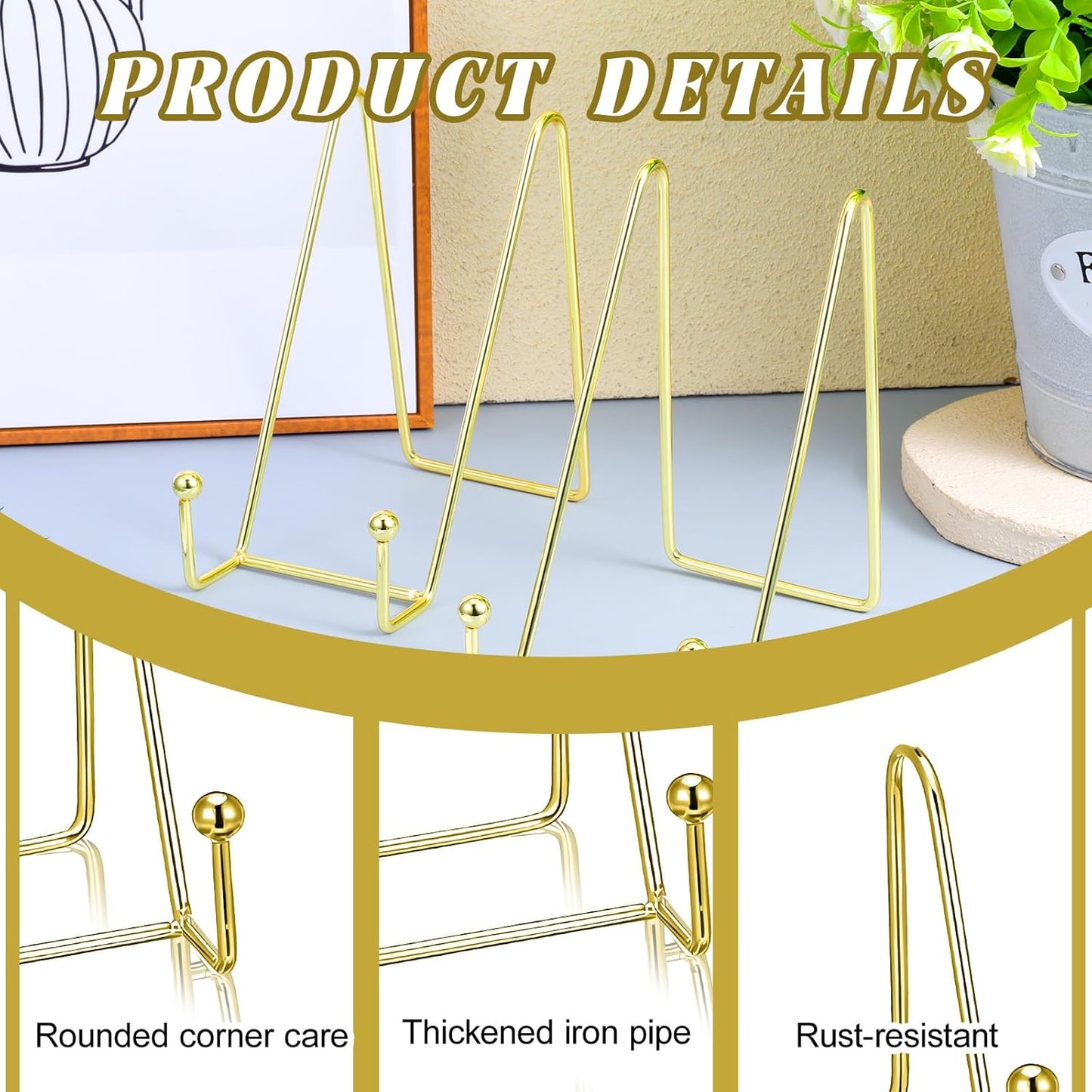12 Pieces Gold Plate Stands for Display, Decorative Plate Holder Easel Display Stand Metal Book Displays Stand Metal Frame Holder for Picture Book Photo Easel Office Room Tabletop(6 Inch)