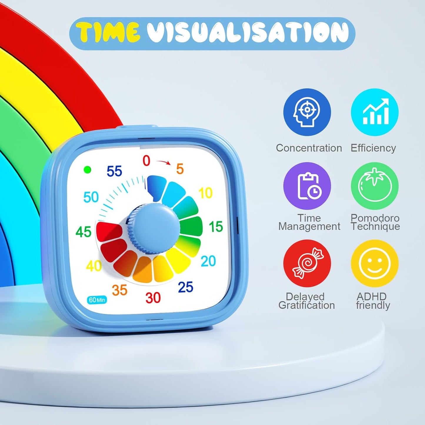 Shintrend 60 Minute Visual Timer with Colorful Dial, Pomodoro Timer for Kids and Adults, Silent Countdown Time Management Tool (Batteries Not Included)