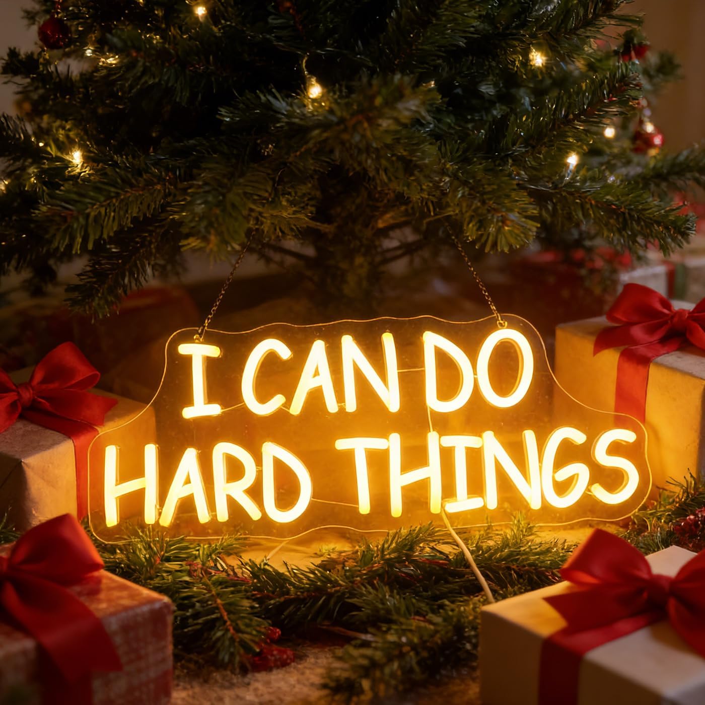 I Can Do Hard Things Wall Hanging Neon Sign, Led Positive Quotes Decorative Neon Lights for Kid's Room Wall Hanging Banners, Playroom Classroom Wall Decor Neon Light Sign(warm white)