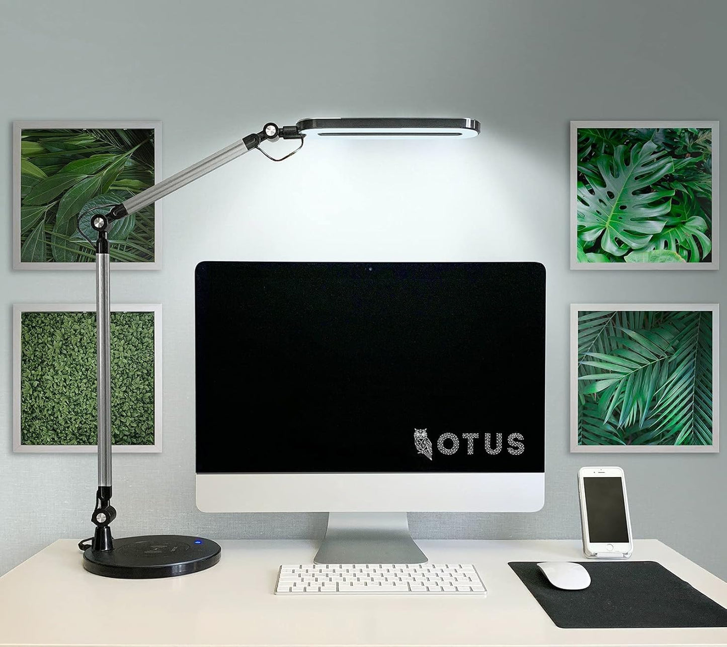 OTUS LED Architect Desk Lamp for Home Office with Wireless Charger, Adjustable Swing Arm, 32 in Tall, 11.8 in Panel, 3 Color Modes, 12 Dimmable Levels, Eye-Caring for Reading, Study, Video Calls
