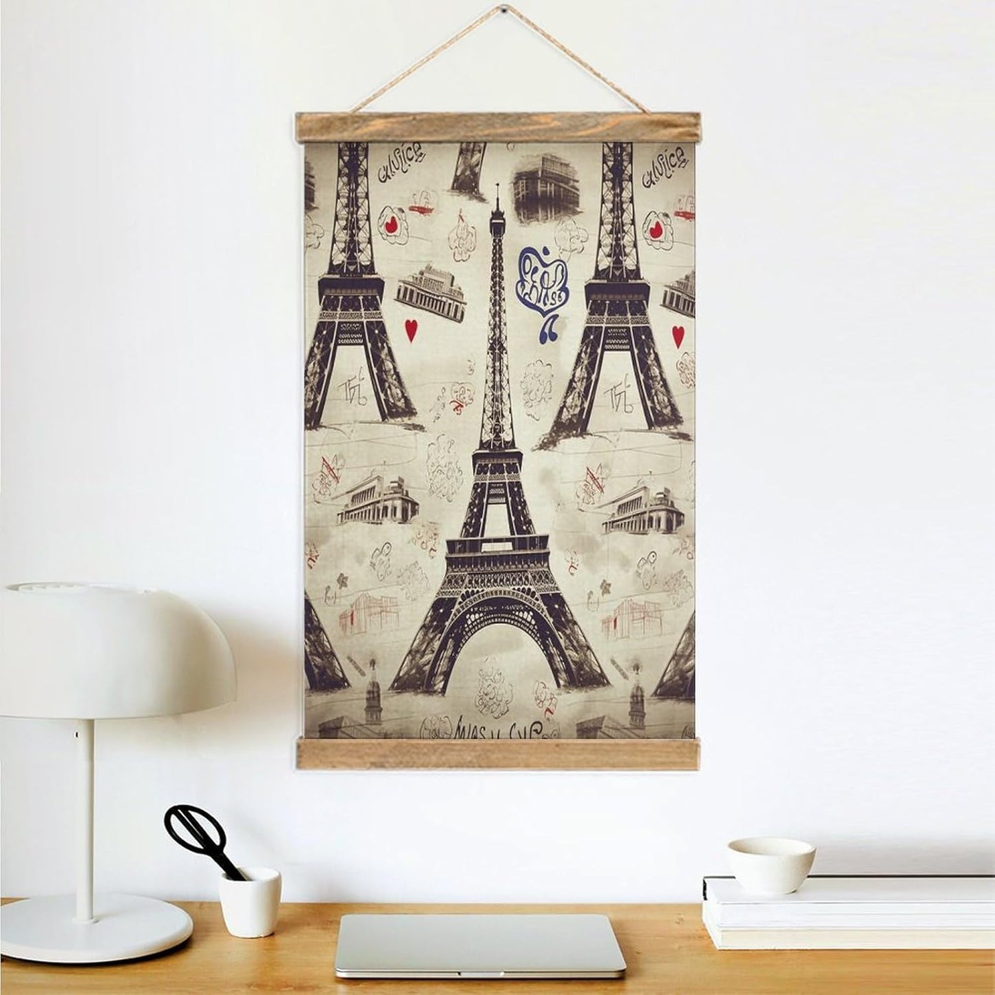 Vintage French Paris Tour Eiffel Tower Poster with Wooden Frame Personalized Linen Hanging Scroll Painting Rustic Wall Hanging Illustrative Modern Artwork Decor for Home Living Room Bedroom Office