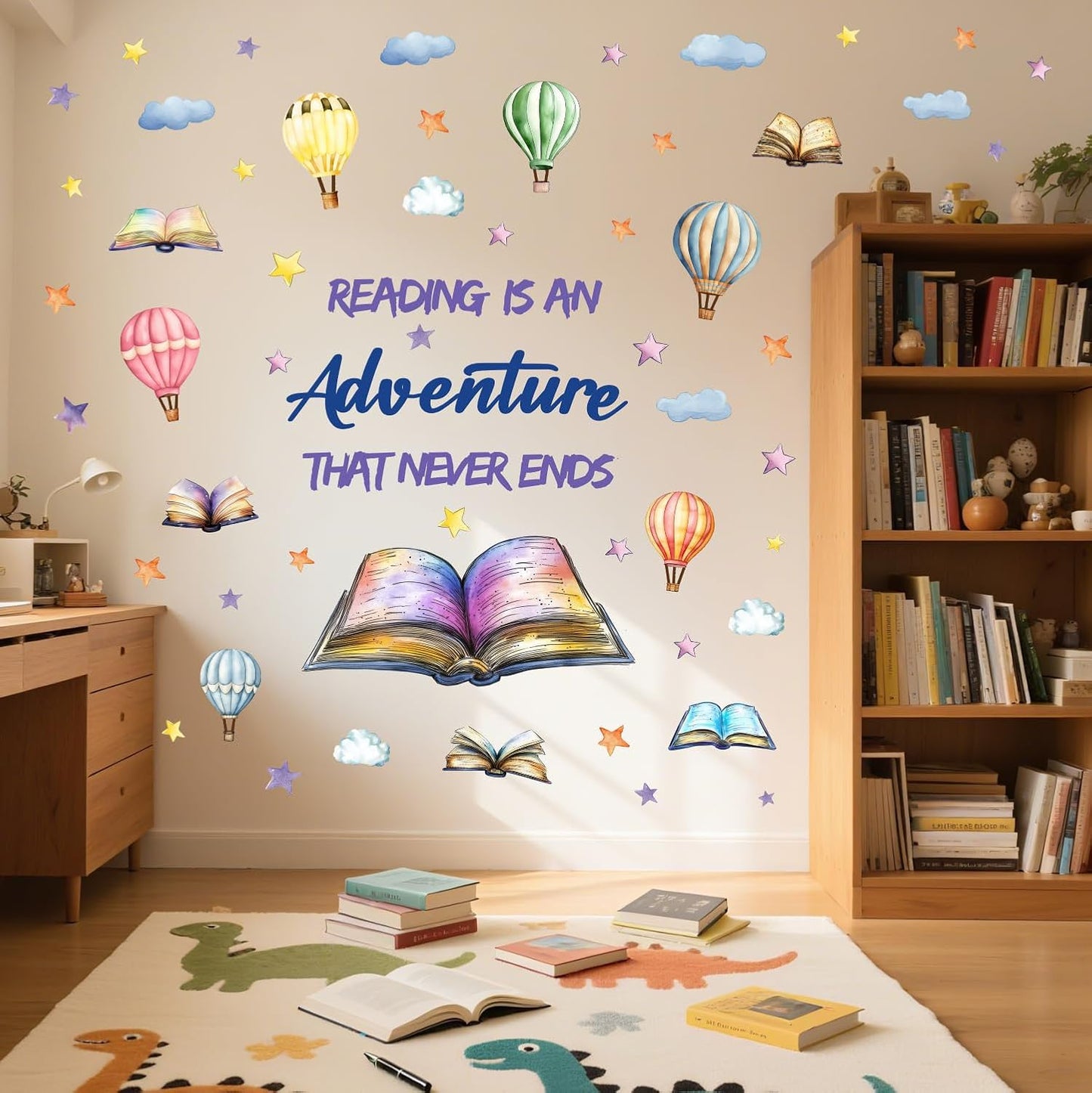 OLMIXA Reading Book with Hot Air Balloon Wall Decals, Reading is an Adventure That Never Ends Positive Quote Stickers, Vinyl Educatinal Read Book Wall Art for Library Classroom Playroom Decor